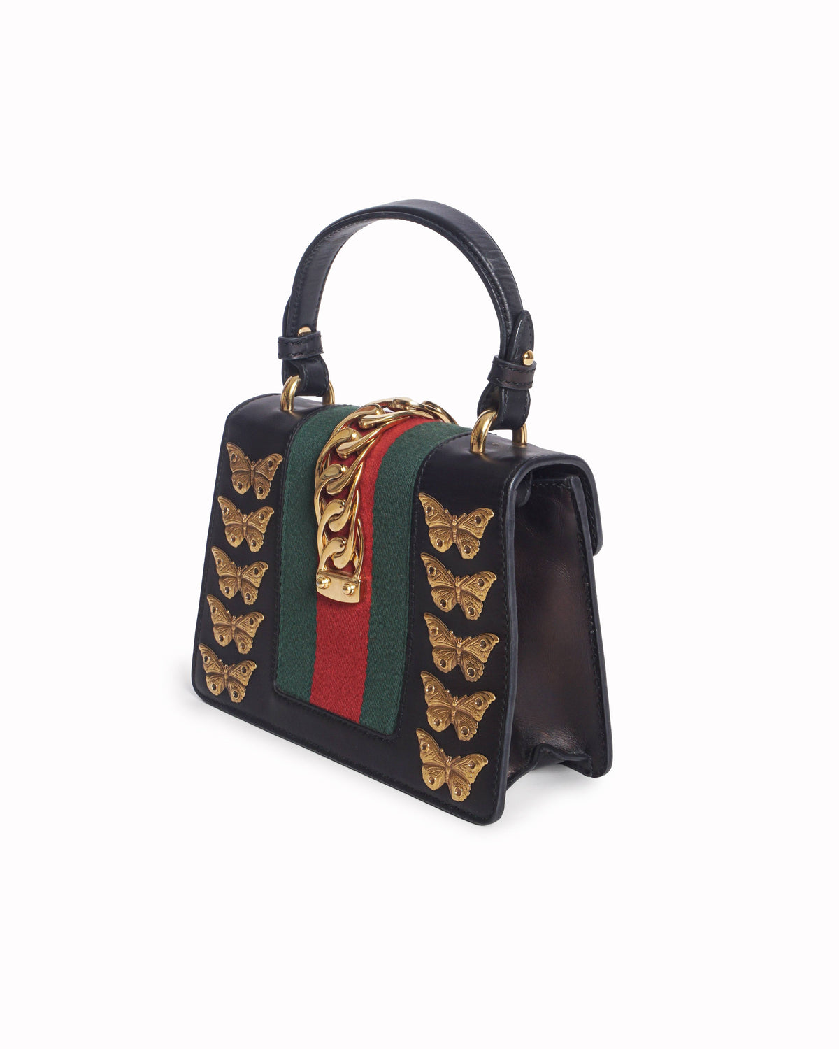 Gucci Black Leather Small Sylvie Butterfly & Lion Shoulder Bag