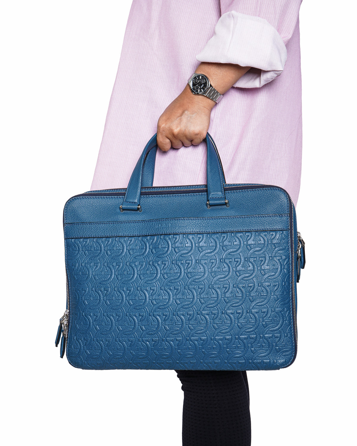 Salvatore Ferragamo 
Gancini Leather Briefcase in Teal Blue