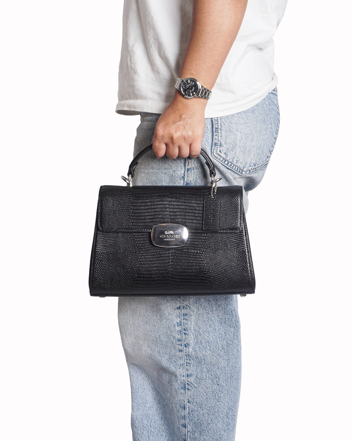 Coach Eliza Black Lizard-Embossed Leather Top Handle Bag