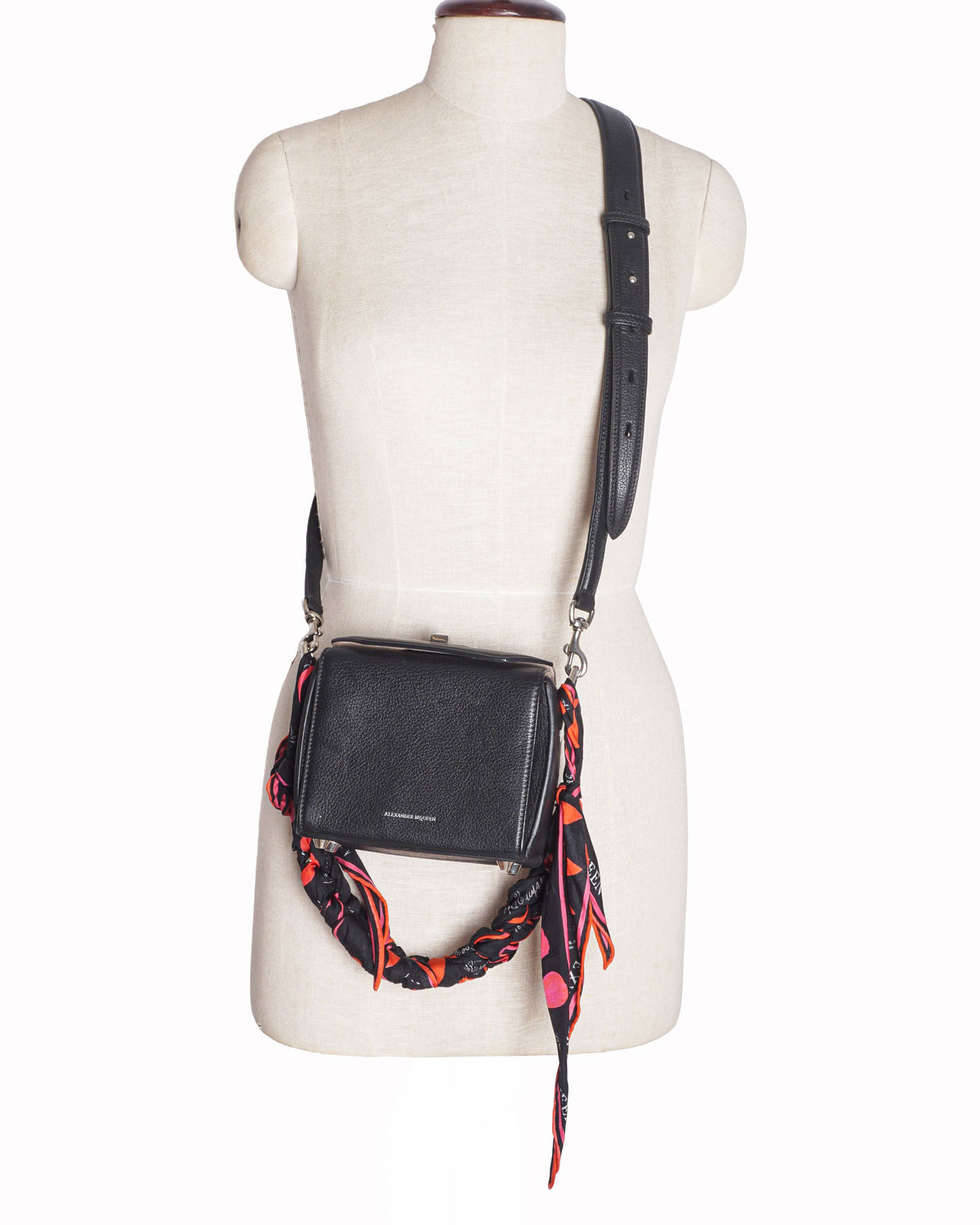 Alexander McQueen Black Leather The Story Bag Silk Scarf Strap