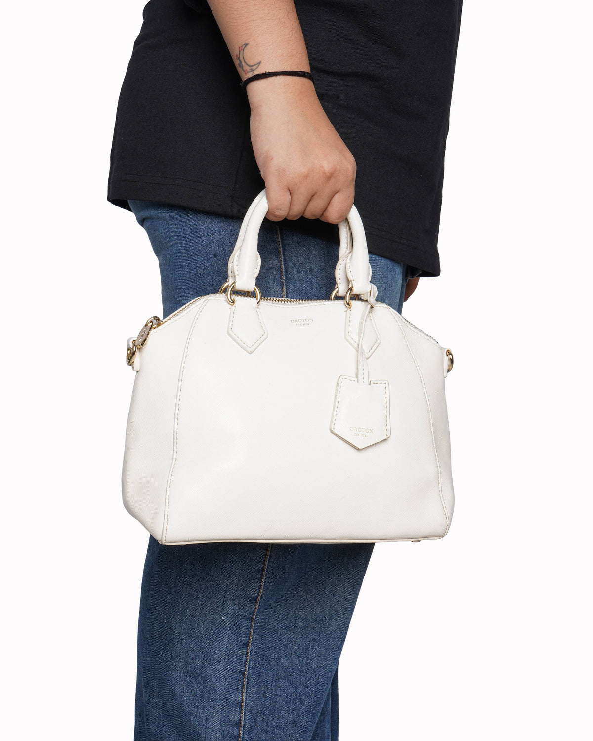 Oroton white saffiano leather handbag
