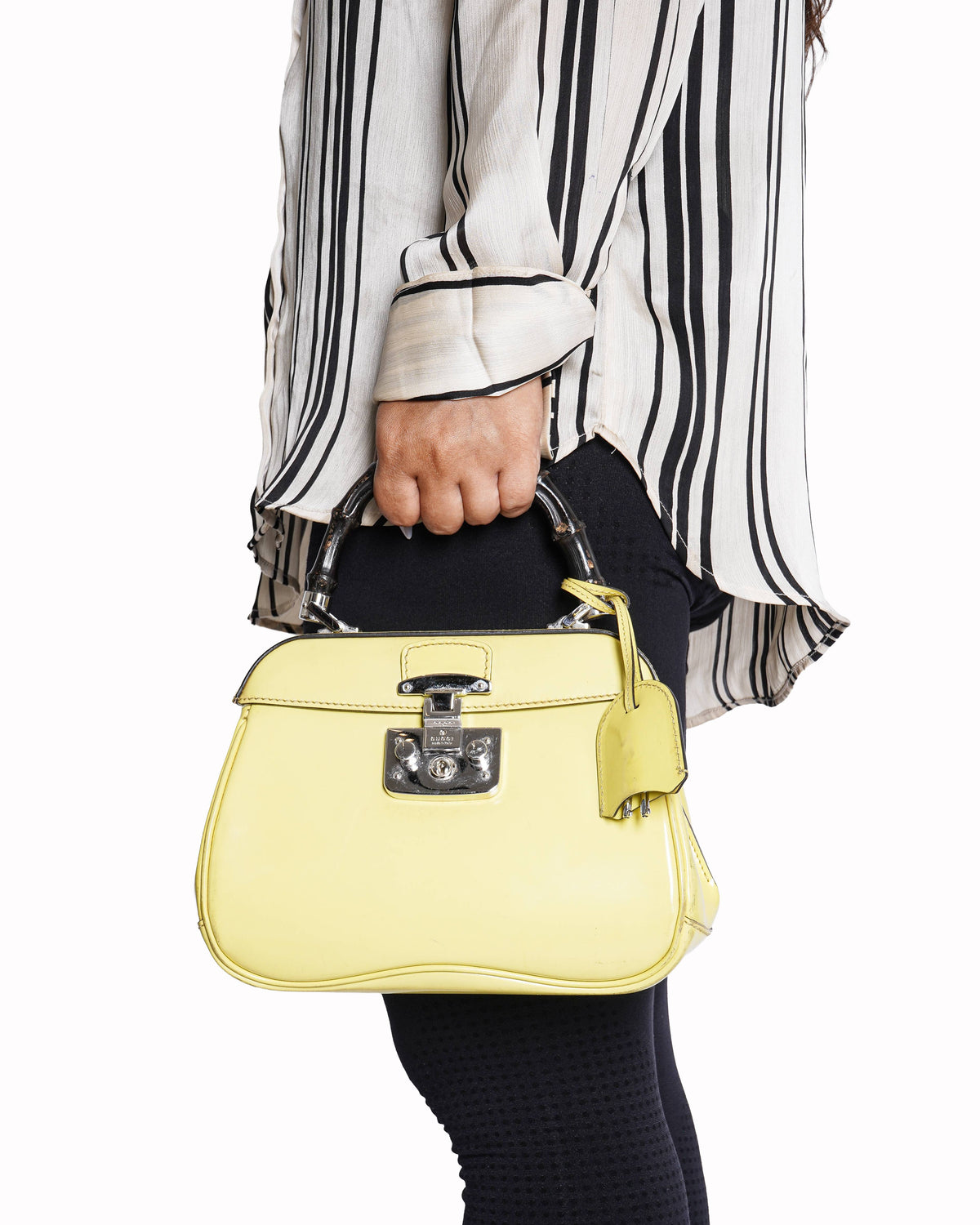 Gucci Yellow Patent Leather Lady Lock Bamboo Top Handle Bag