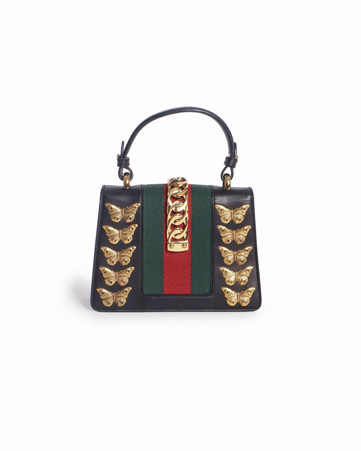 Gucci Black Leather Small Sylvie Butterfly & Lion Shoulder Bag