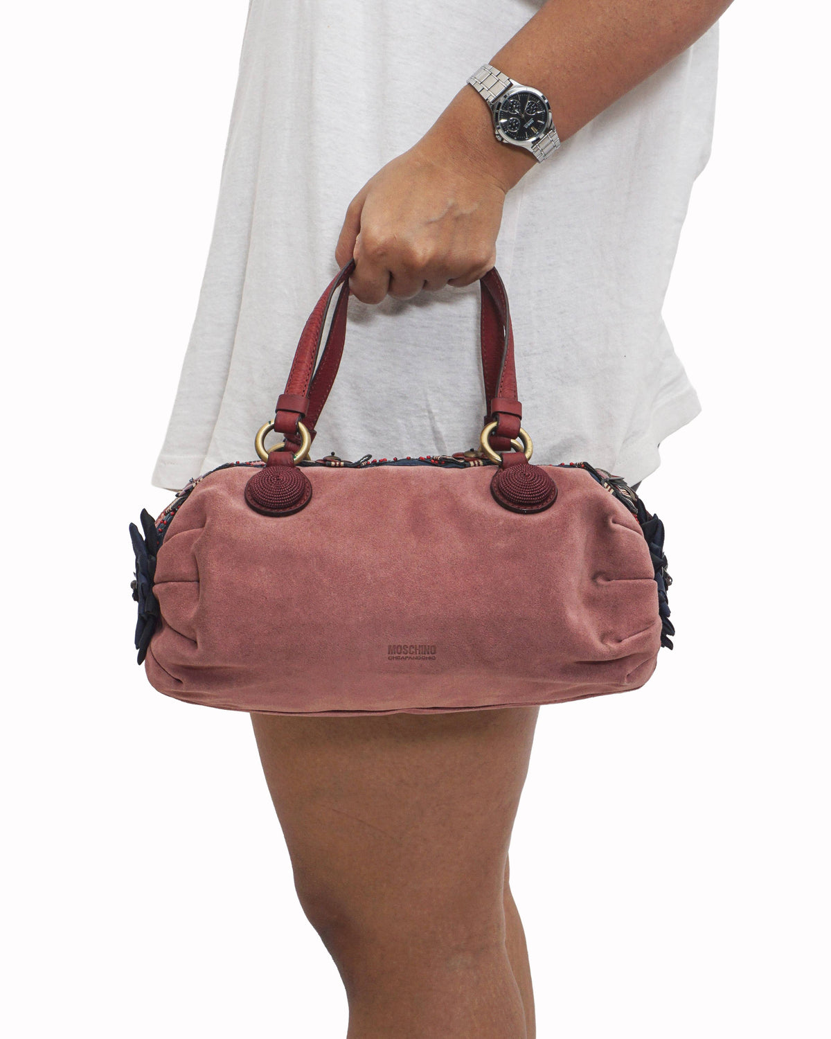 Moschino Rose Pink Suede Floral Embellished Satchel Bag