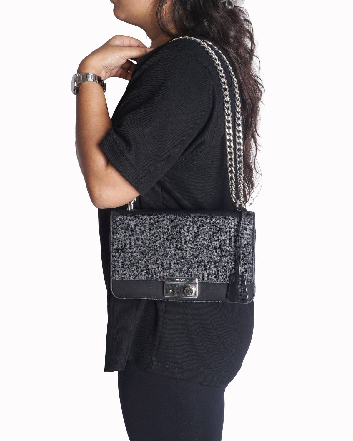 Prada Black Saffiano Leather Turn-Lock Chain Crossbody Bag