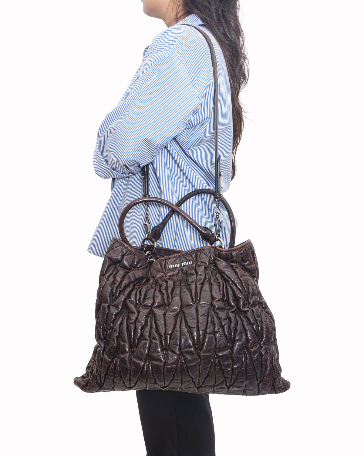 Miu Miu Dark Brown Nappa Matelassé Leather Tote Bag