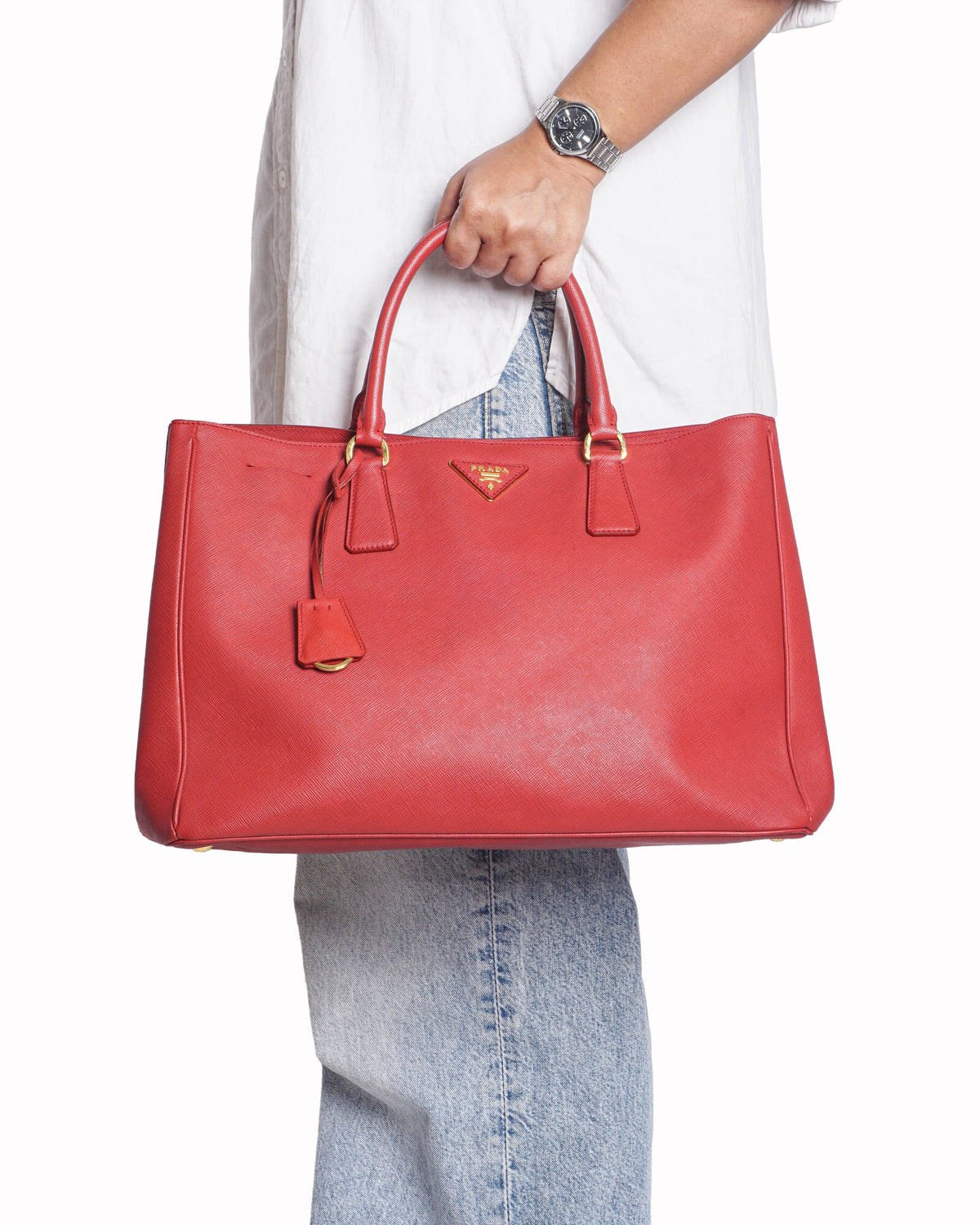 Prada Red Saffiano Lux Leather Large Tote Bag