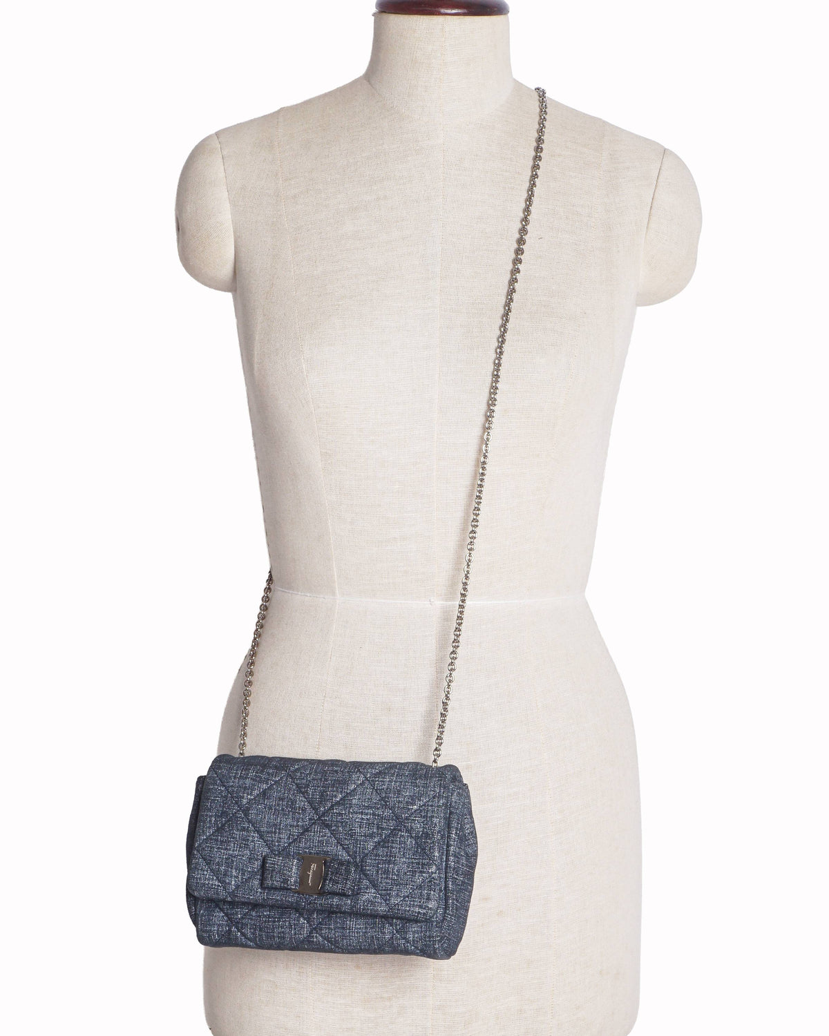 Salvatore Ferragamo Blue Quilted Denim Vara Bow Small Crossbody Bag