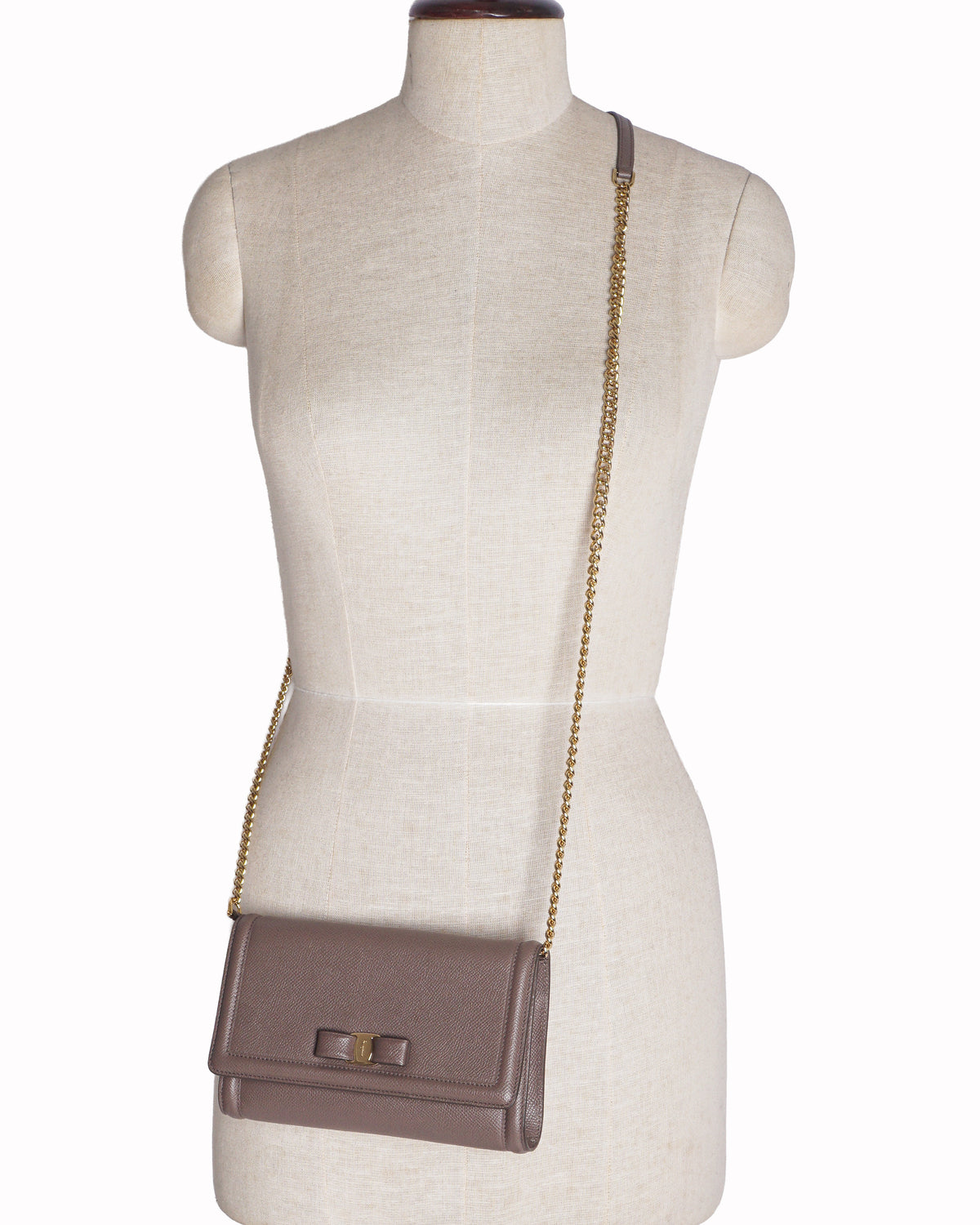 Salvatore Ferragamo Taupe Saffiano Leather Vara Bow Ginny Crossbody Bag