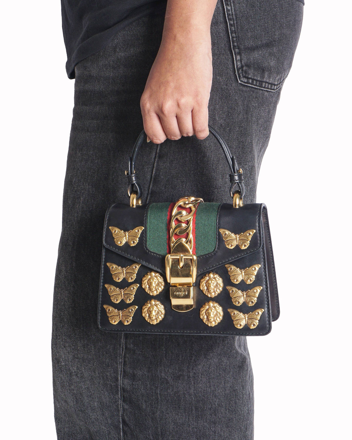 Gucci Black Leather Small Sylvie Butterfly & Lion Shoulder Bag
