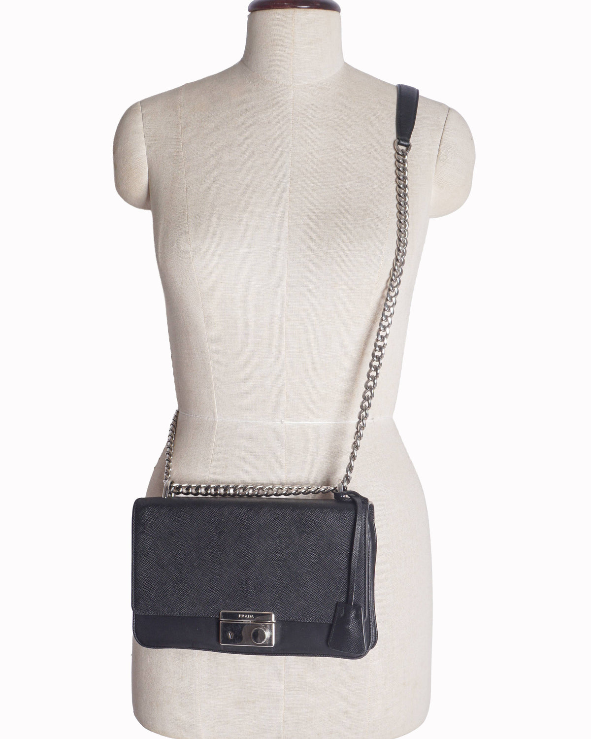 Prada Black Saffiano Leather Turn-Lock Chain Crossbody Bag