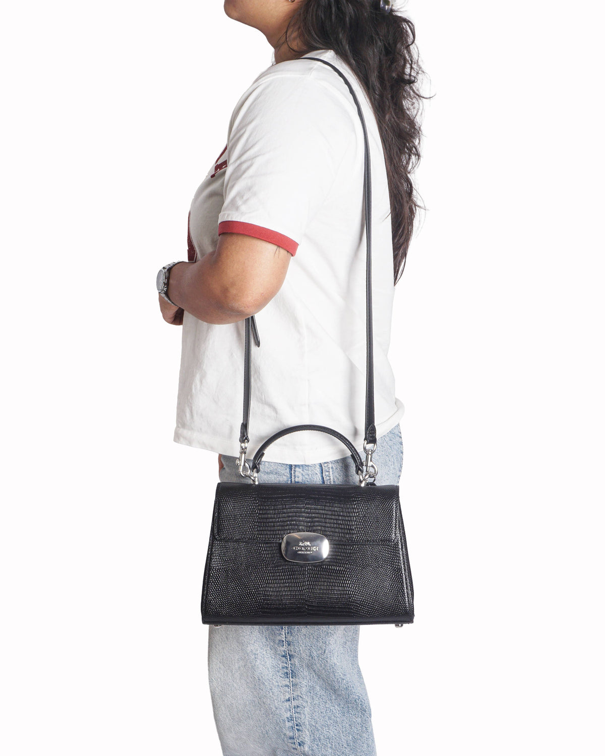 Coach Eliza Black Lizard-Embossed Leather Top Handle Bag