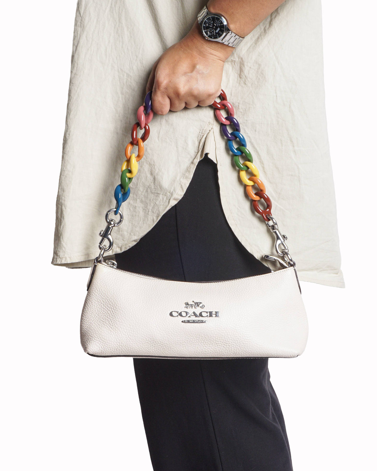 Coach Charlotte White Leather Shoulder Bag with Rainbow Chain
