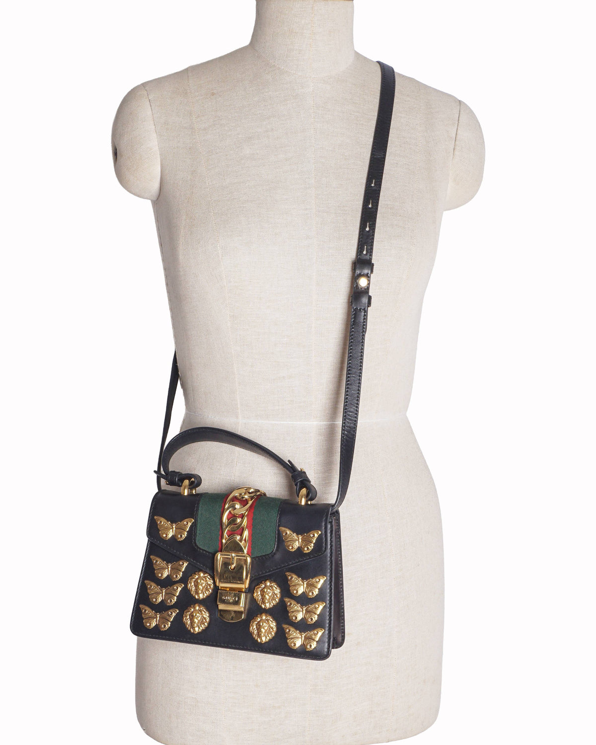 Gucci Black Leather Small Sylvie Butterfly & Lion Shoulder Bag
