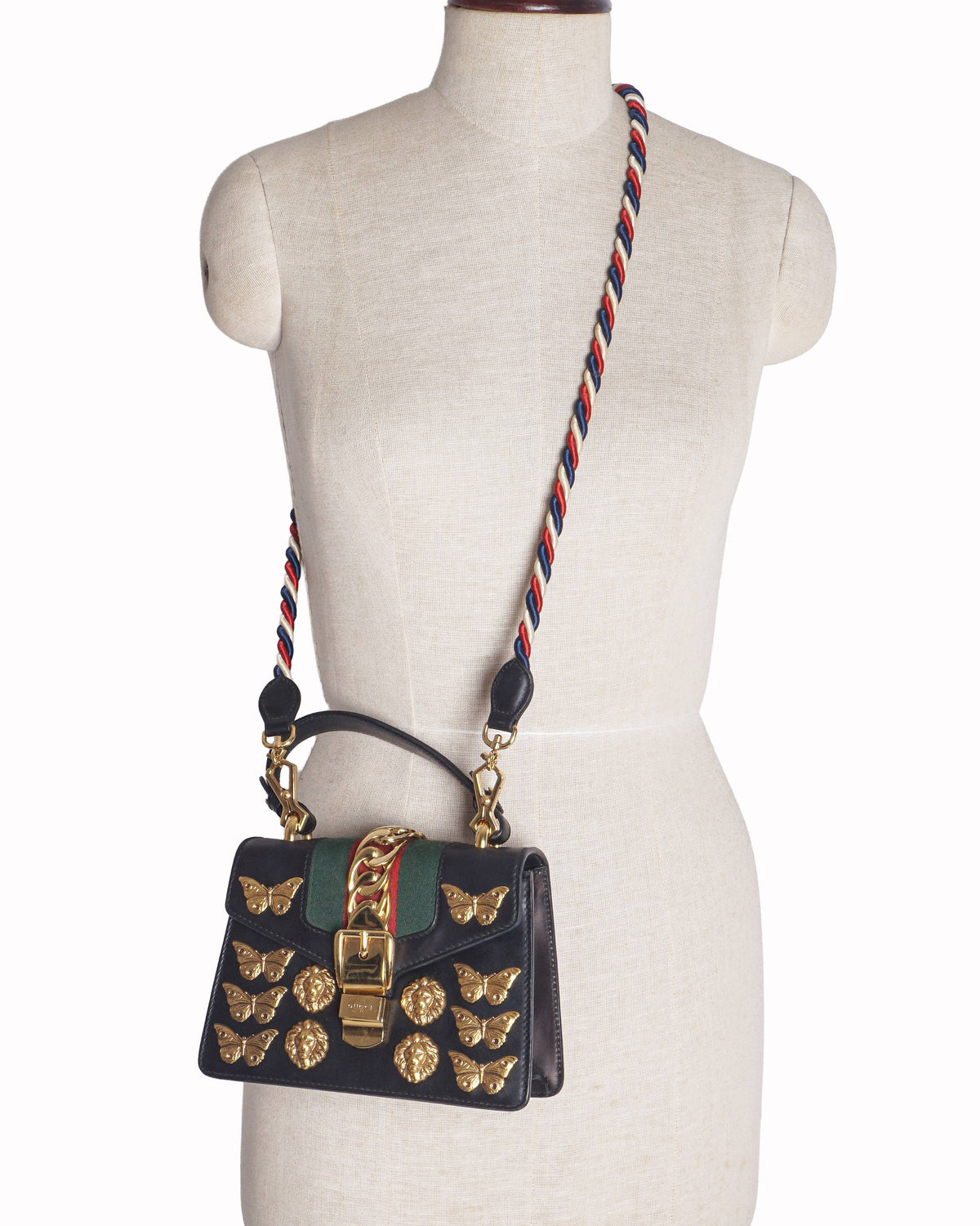 Gucci Black Leather Small Sylvie Butterfly & Lion Shoulder Bag
