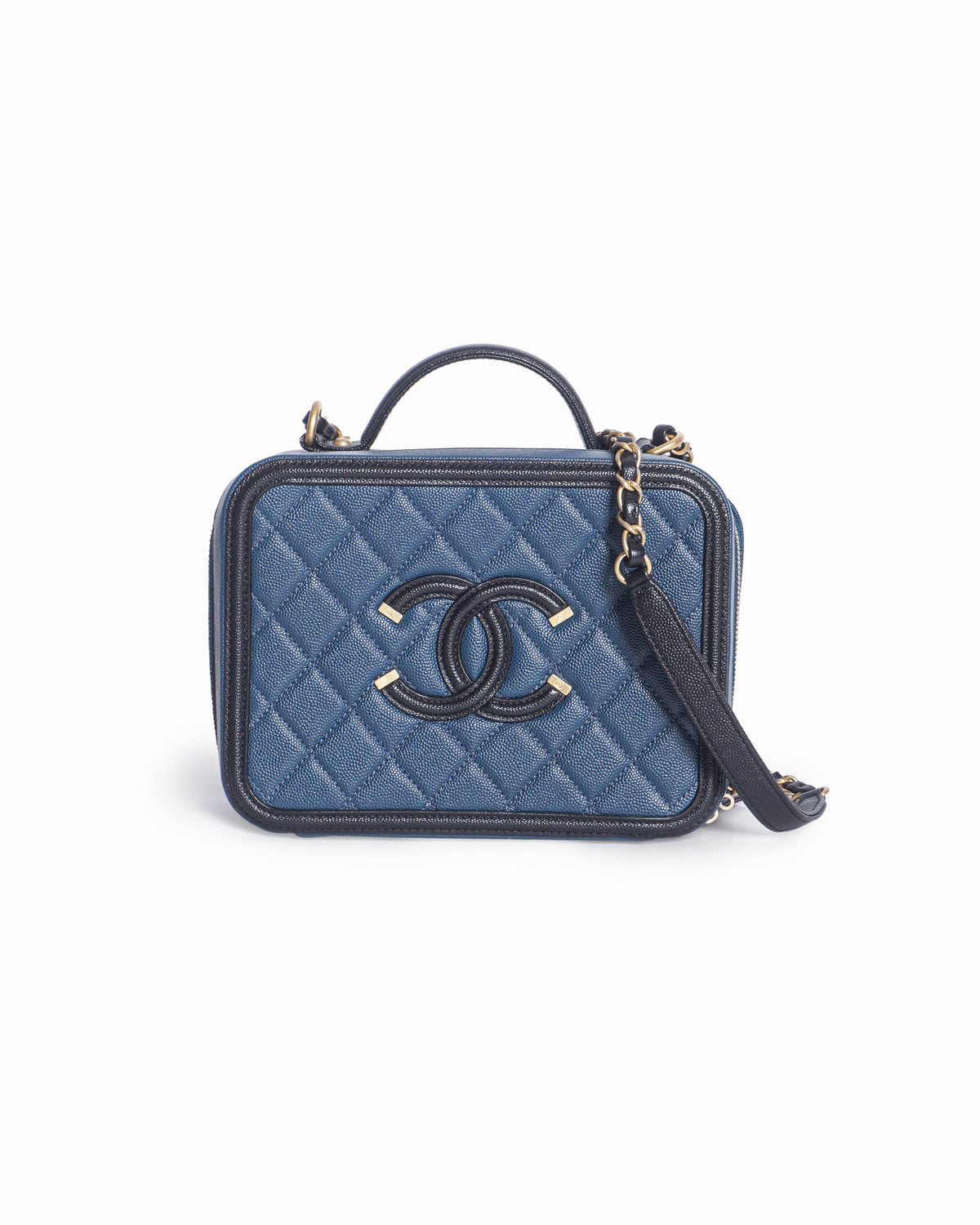 Chanel Small CC Filigree Vanity Case Navy and Black Caviar Shoulder Bag