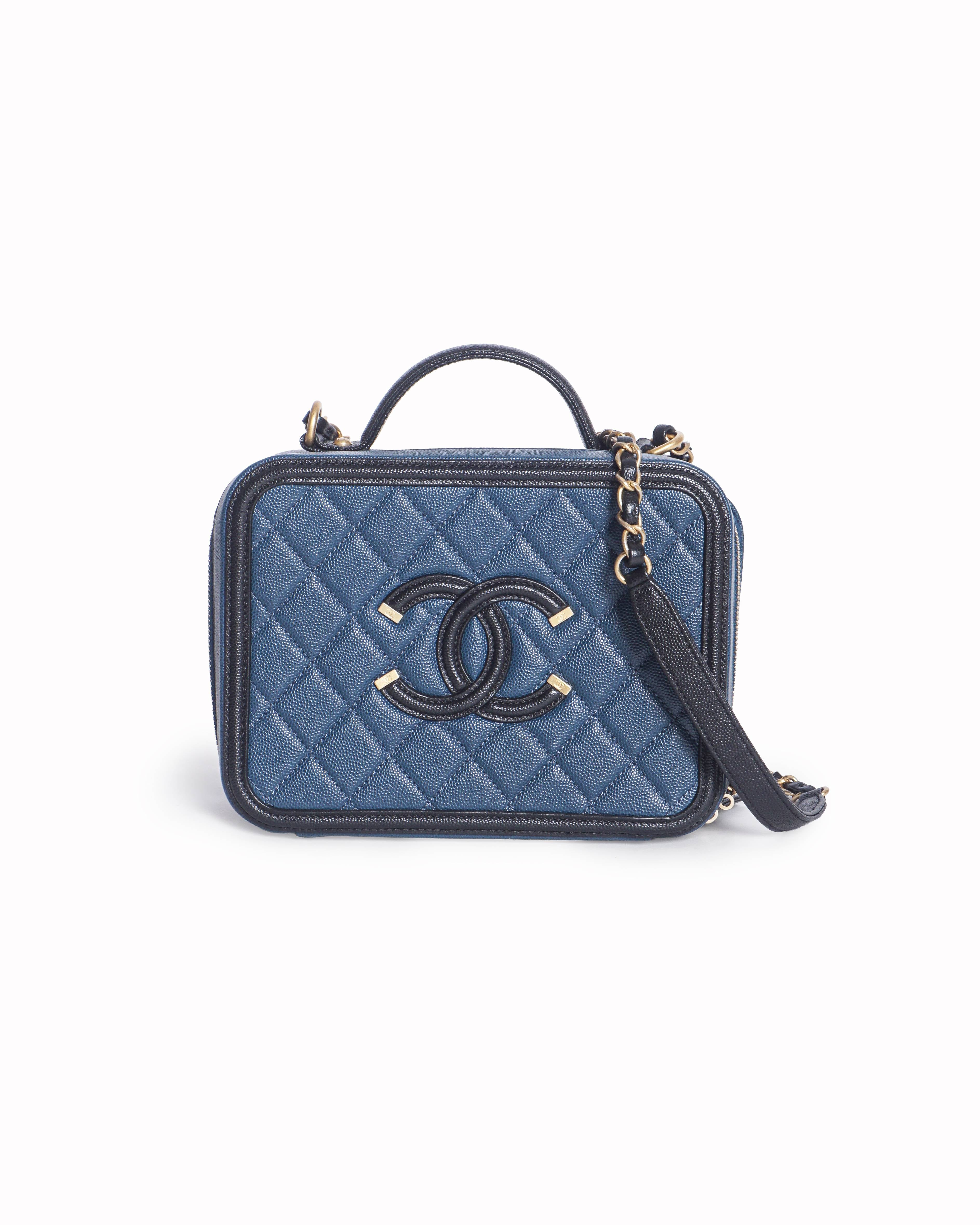 Chanel Small CC Filigree Vanity Case Navy and Black Caviar Shoulder Bag