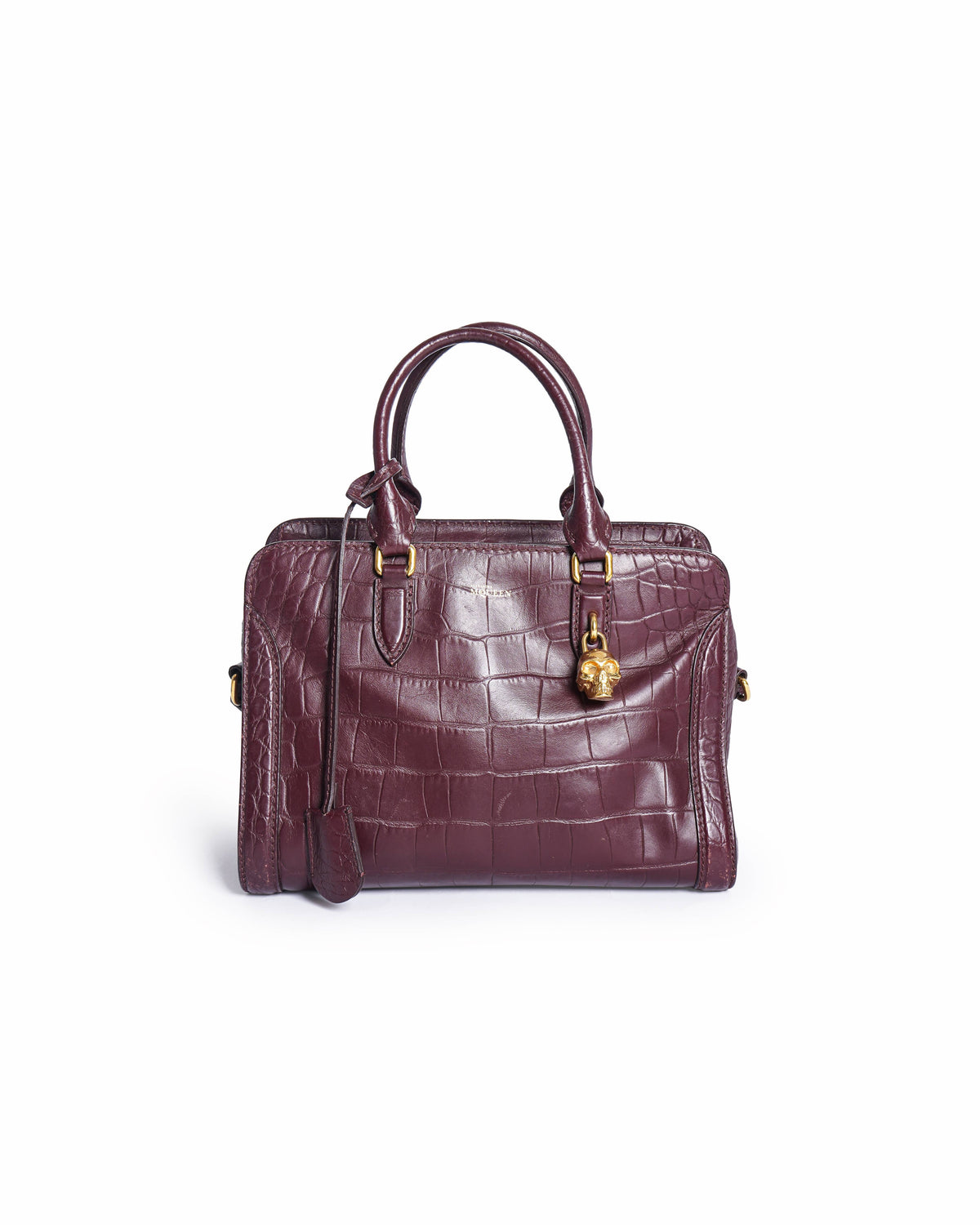 Alexander McQueen Bordeaux Crocodile Embossed Small Skull Padlock Tote