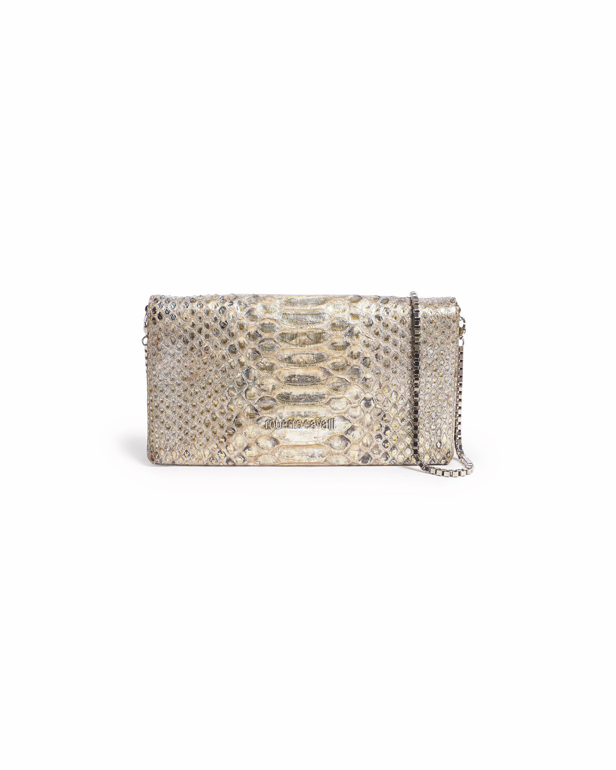 Roberto Cavalli Metallic Gold Python Leather Crossbody Clutch Bag