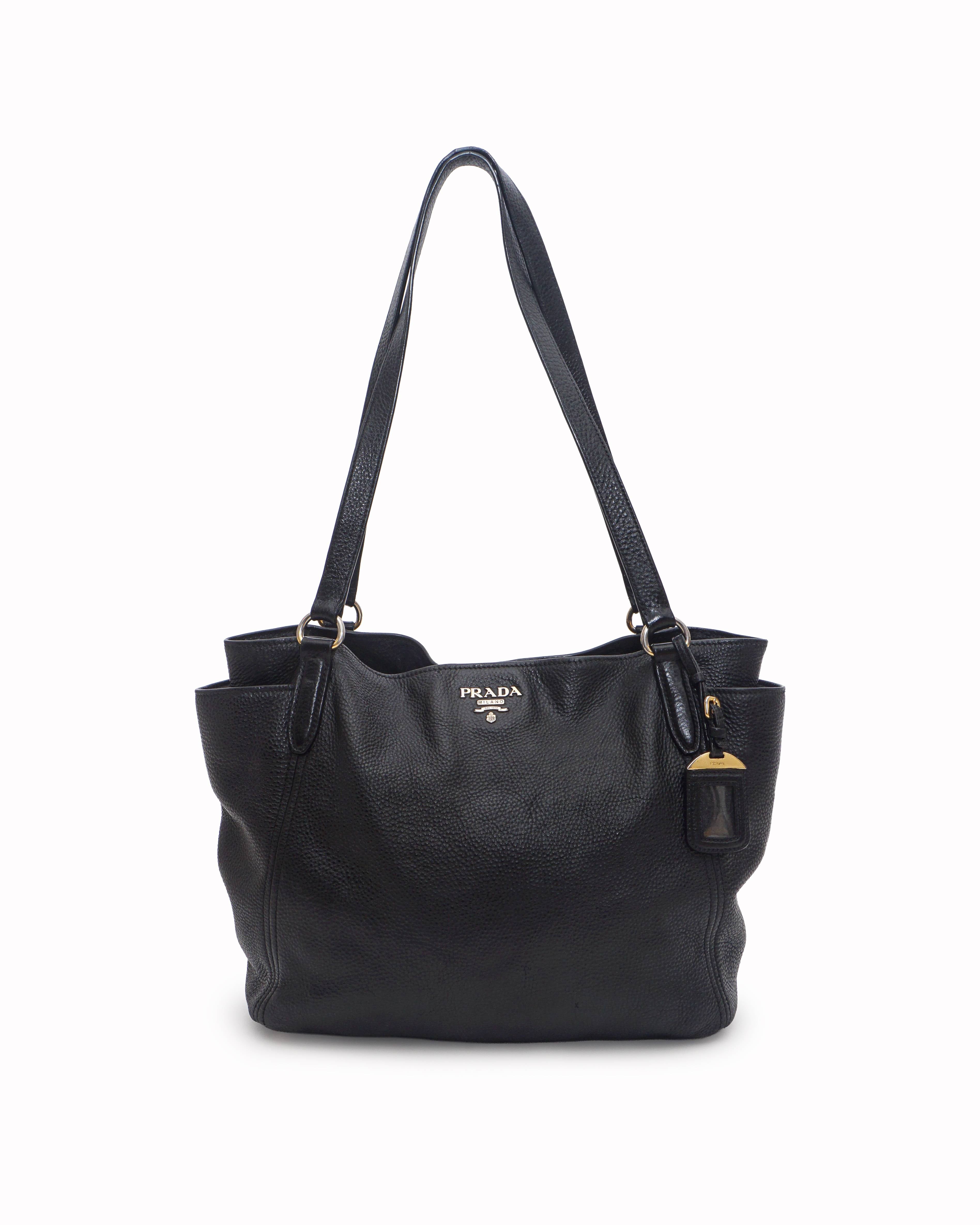 Prada Black Vitello Daino Pebbled Leather Side-Pocket Tote Bag