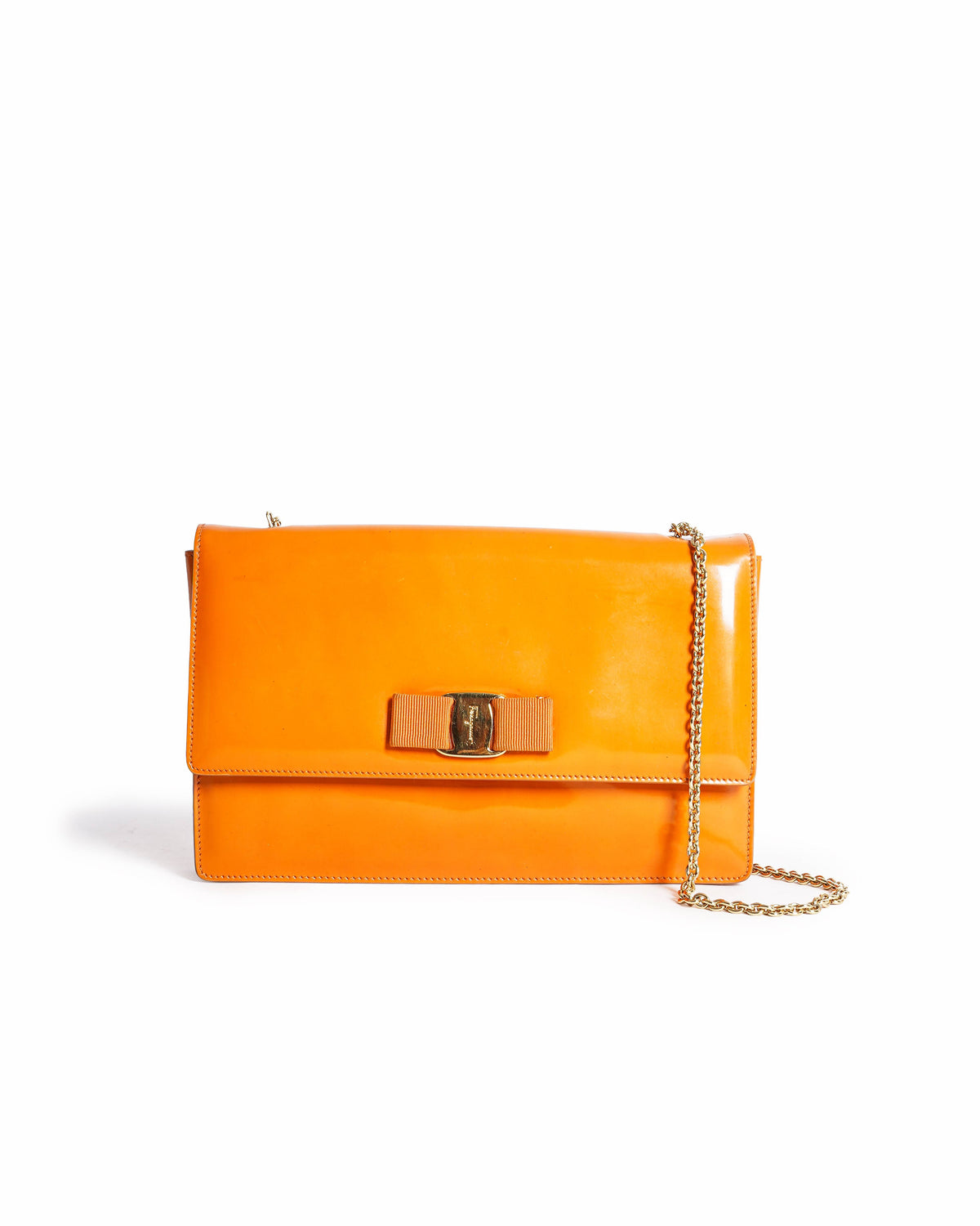 Salvatore Ferragamo Vara Bow Flap Bag in Orange Patent Leather