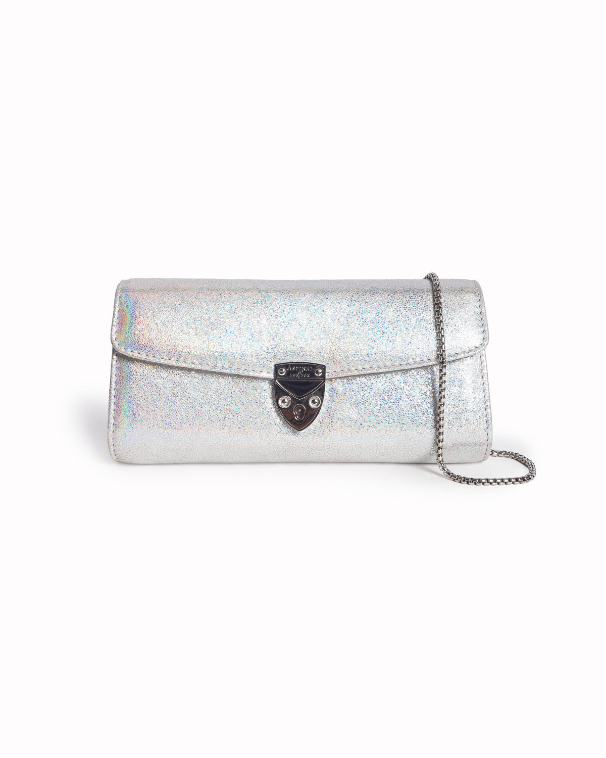 Aspinal of London Silver Textured Leather Mayfair Chain Clutch