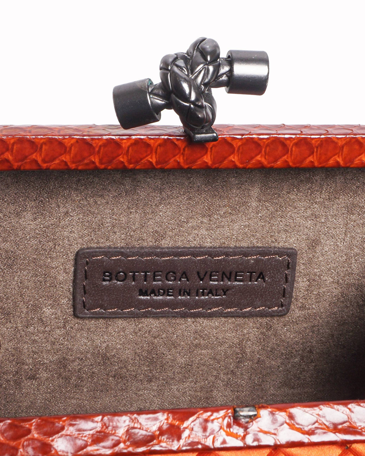 Bottega Veneta Knot Clutch Orange Intrecciato Satin