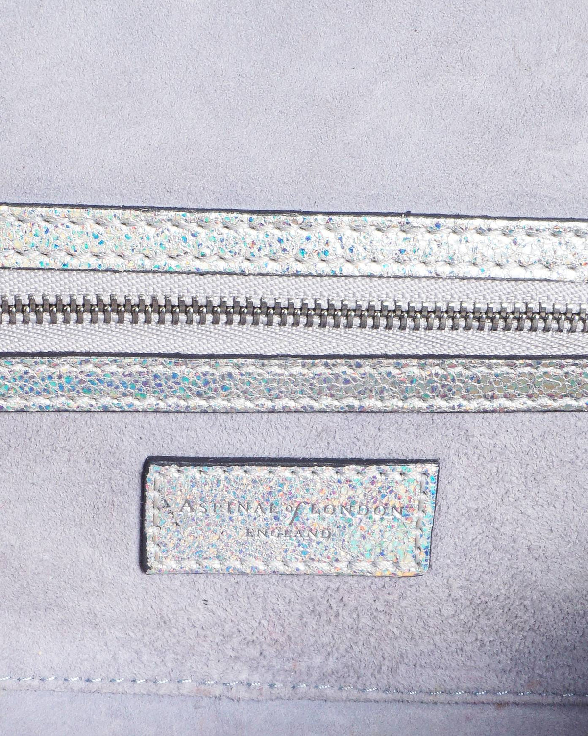 Aspinal of London Silver Textured Leather Mayfair Chain Clutch
