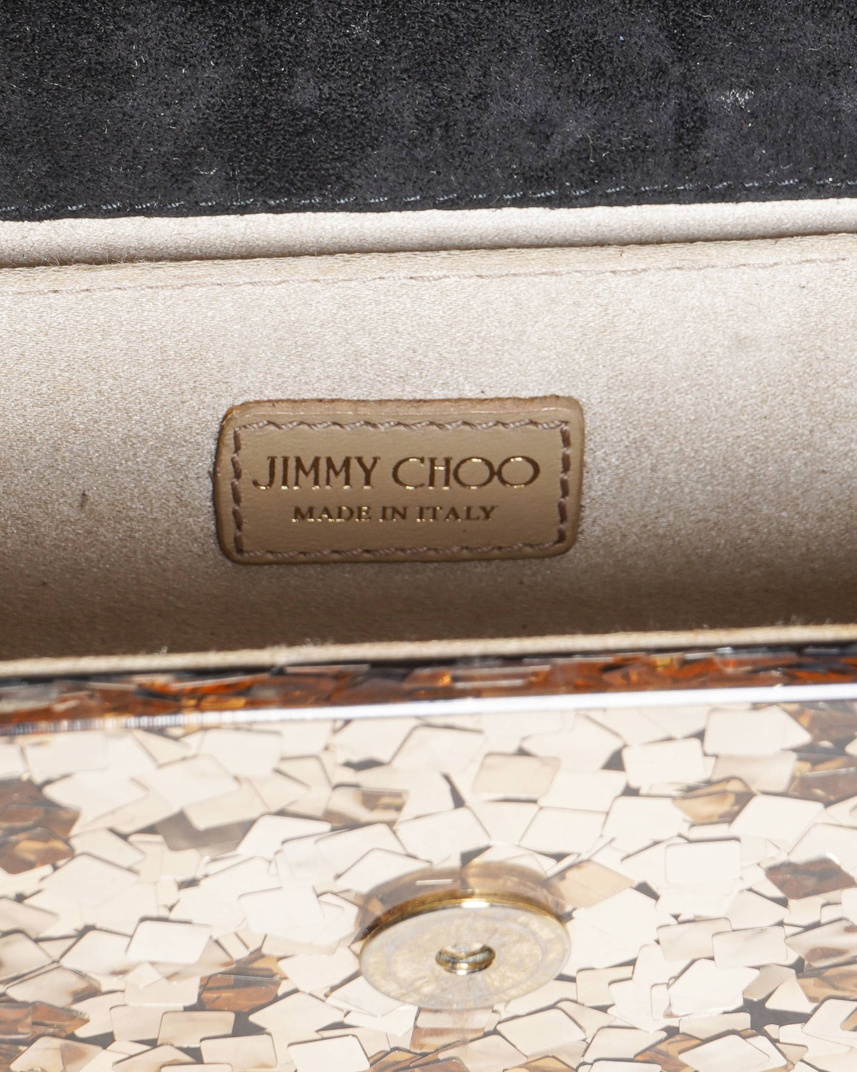 Jimmy Choo shimmering acrylic & suede candy chain clutch