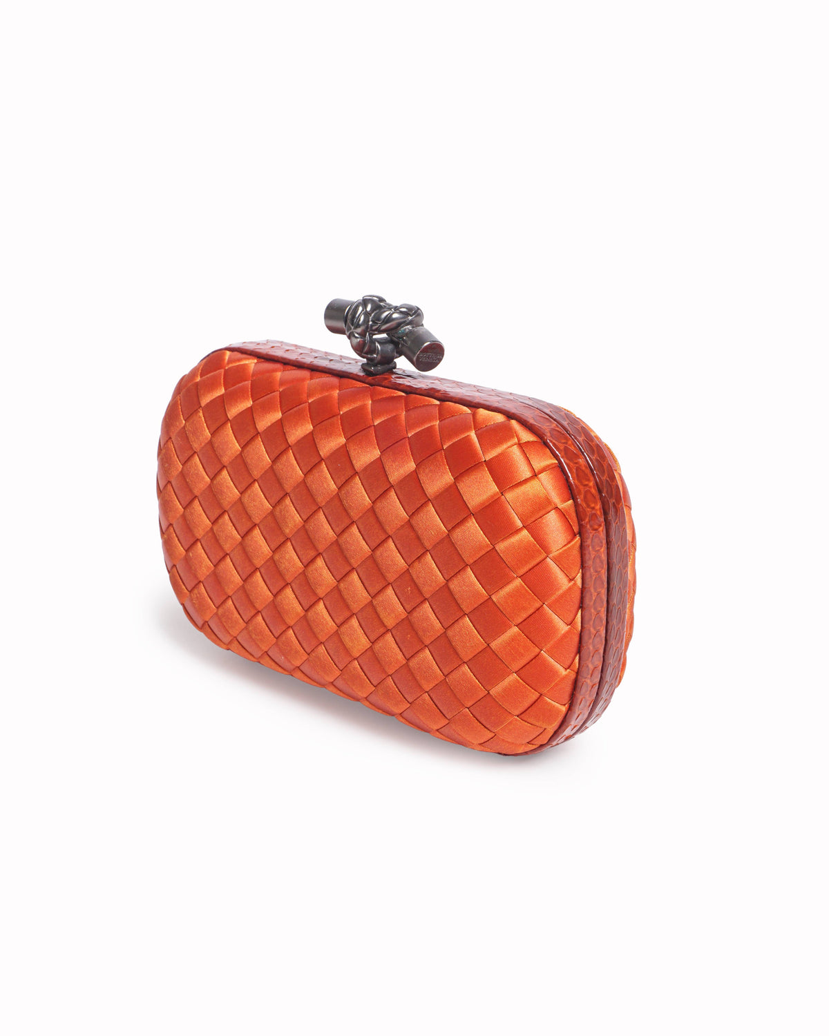 Bottega Veneta Knot Clutch Orange Intrecciato Satin
