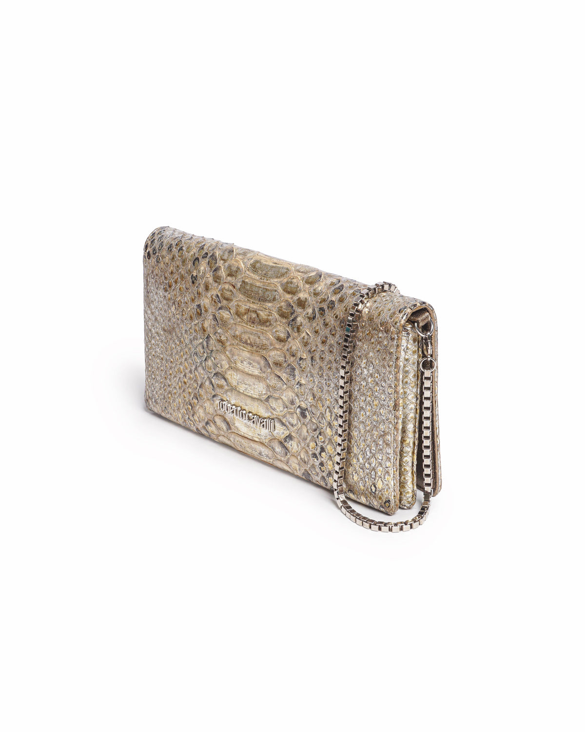 Roberto Cavalli Metallic Gold Python Leather Crossbody Clutch Bag