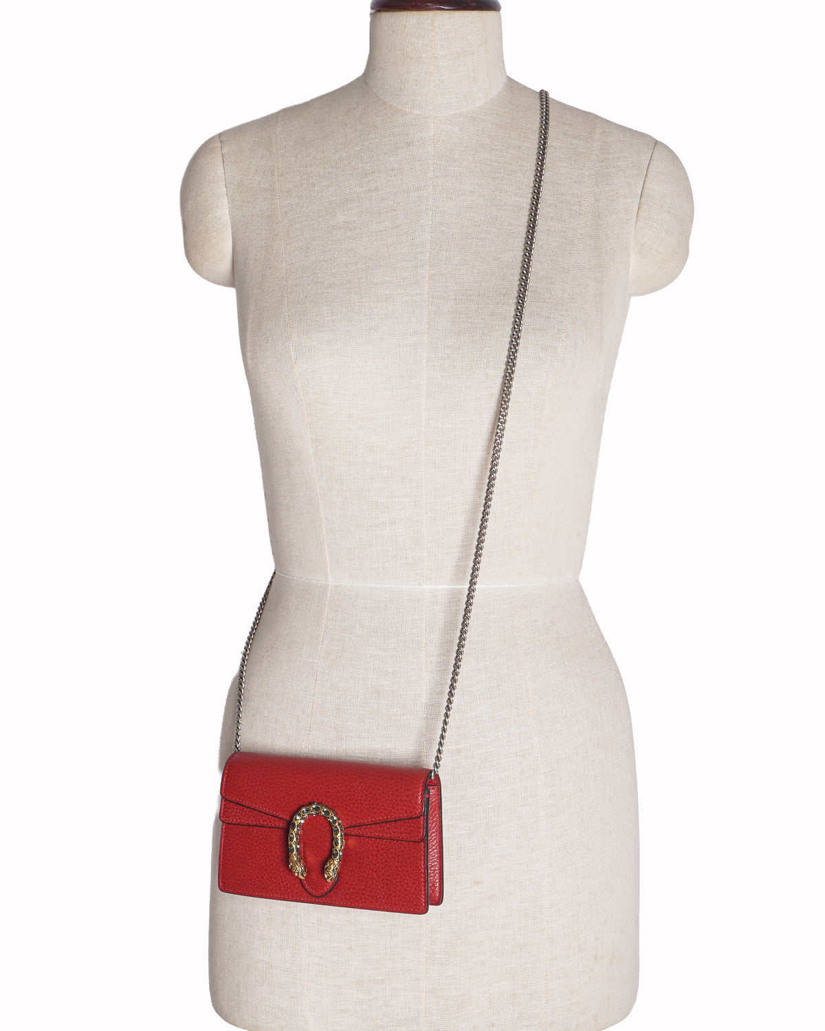 Gucci Red Pebbled Leather Dionysus Chain Wallet
