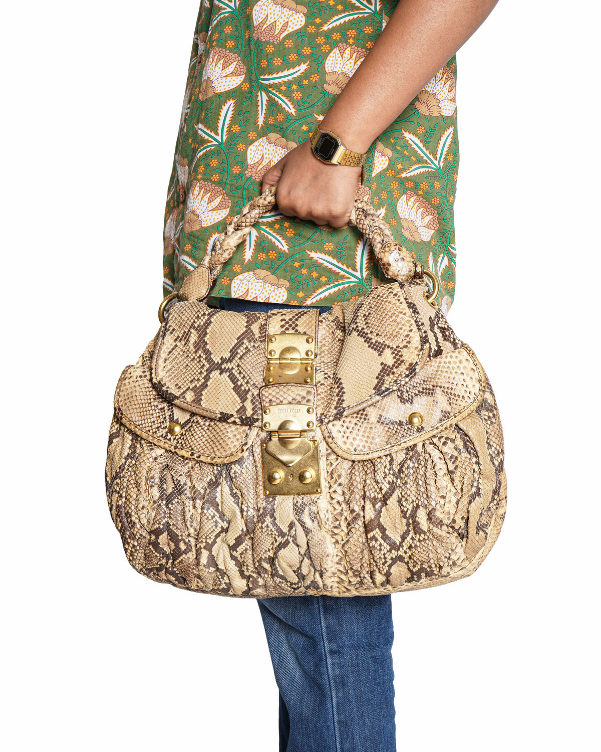 Miu Miu Snakeskin Matelassé Coffer Hobo Bag