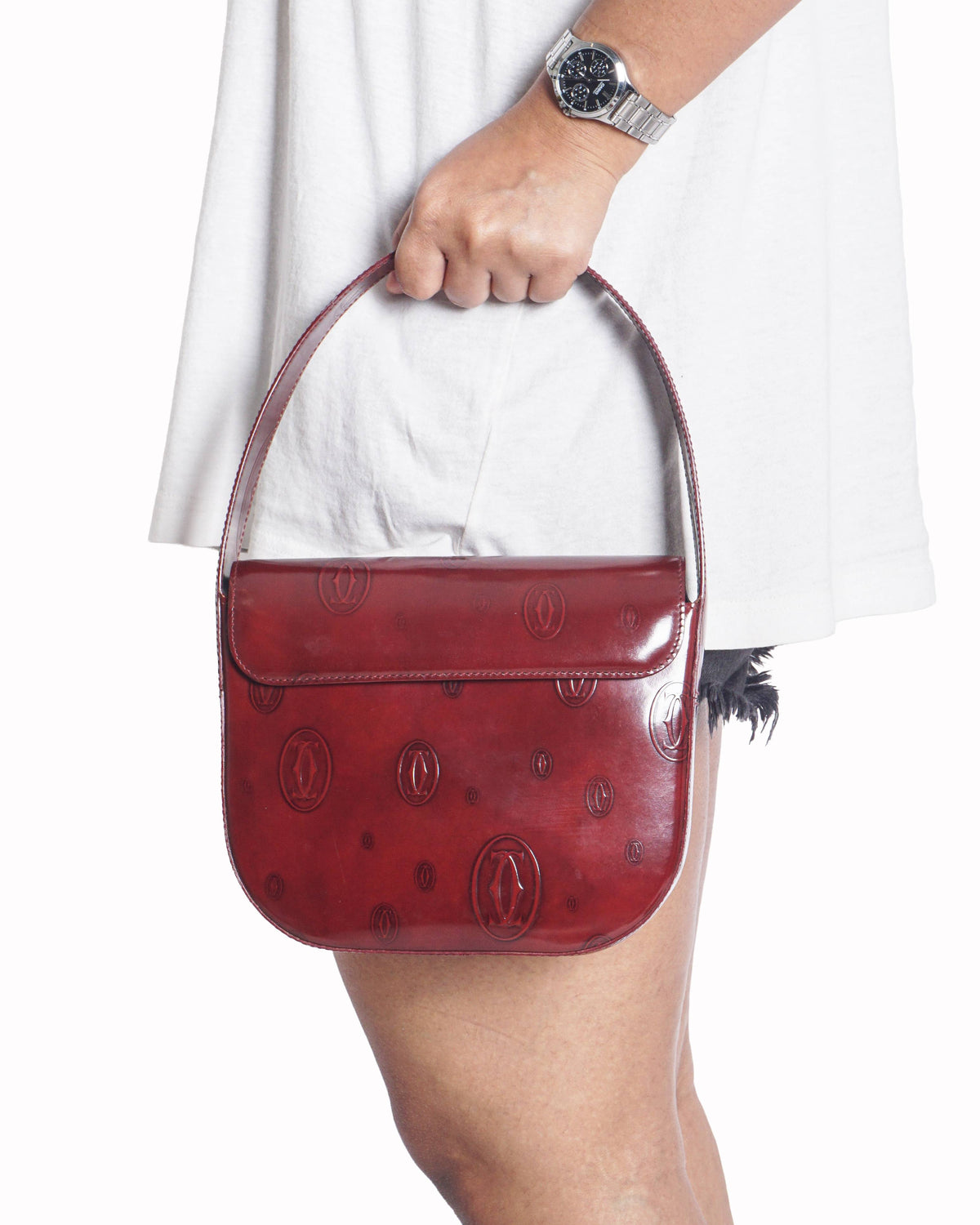 Cartier Logo Embossed Patent Leather Flap Hobo Bag