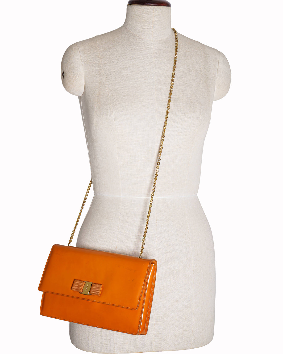 Salvatore Ferragamo Vara Bow Flap Bag in Orange Patent Leather