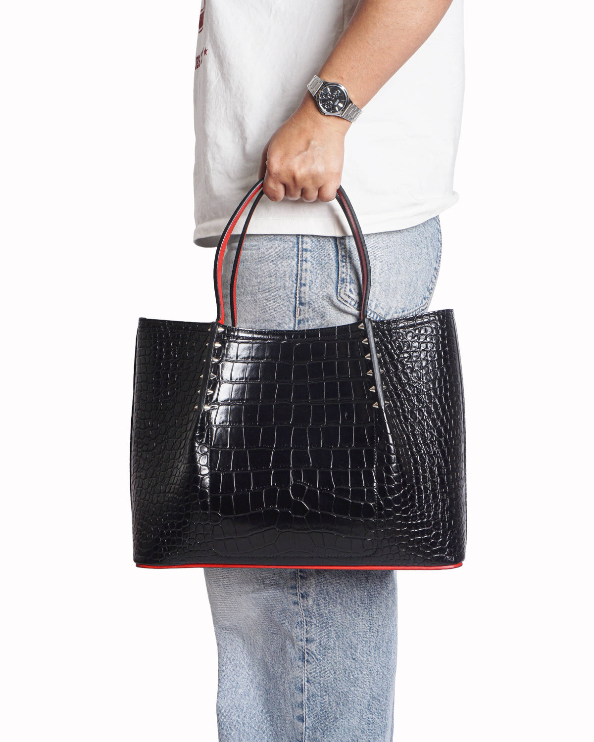 Christian Louboutin Black Croc Cabarock Tote Bag