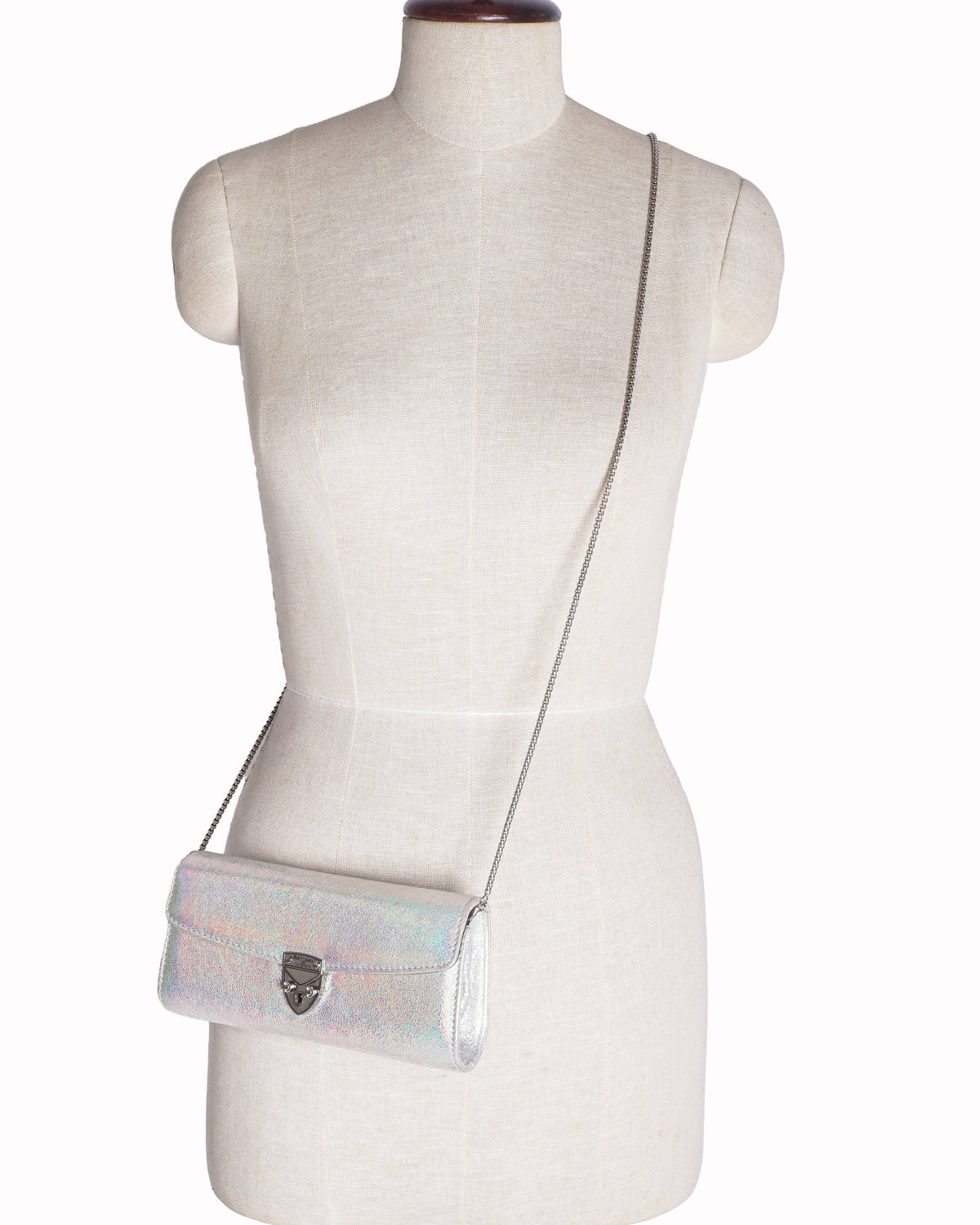 Aspinal of London Silver Textured Leather Mayfair Chain Clutch