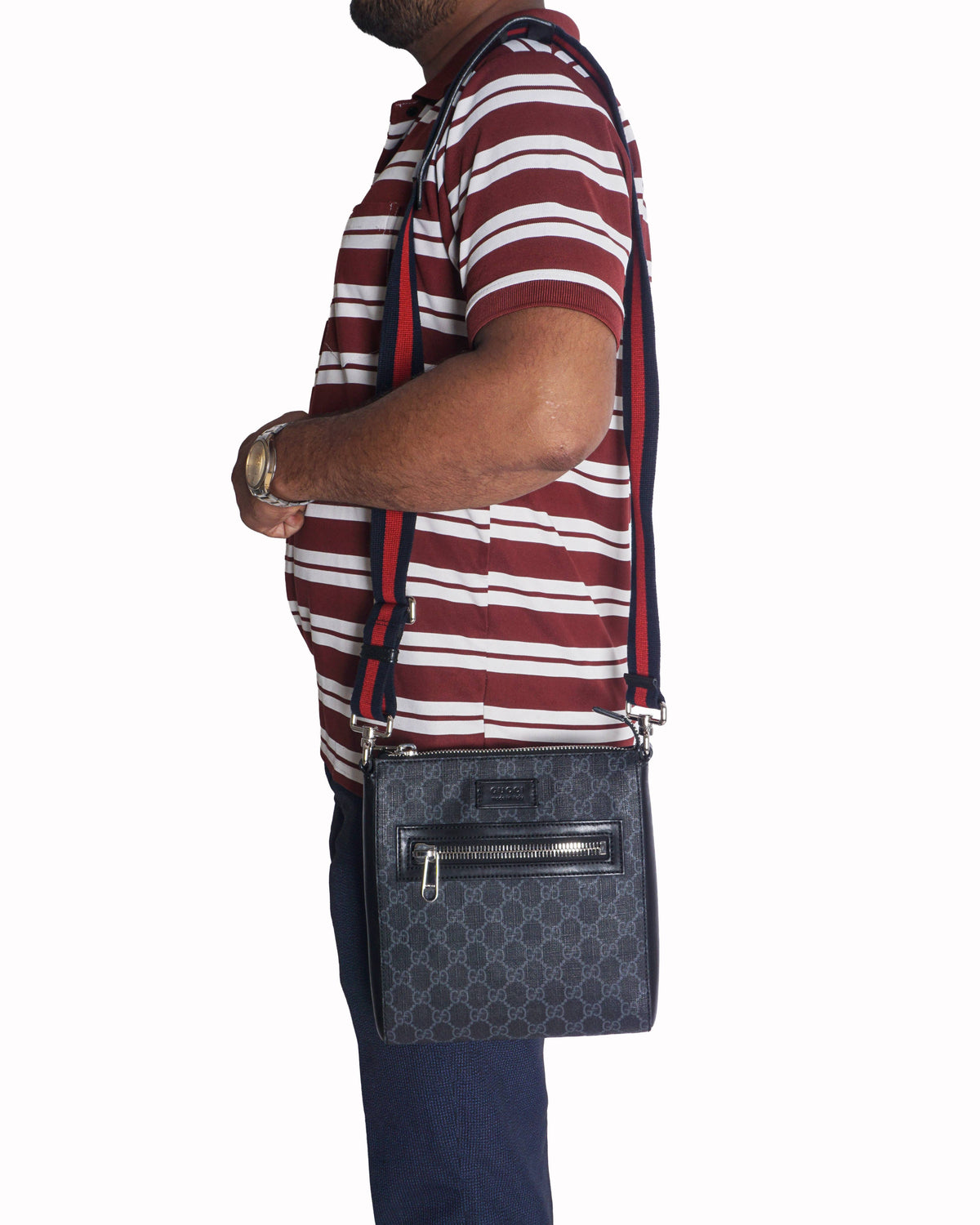 Gucci Black & Grey GG Supreme Web Stripe Messenger Bag