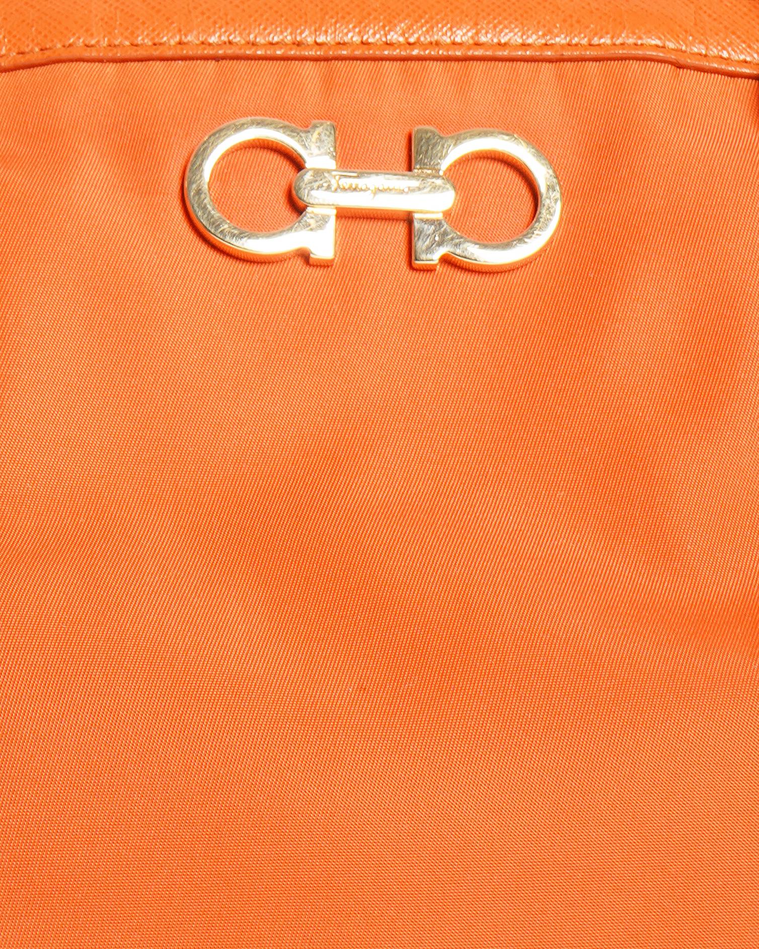 Salvatore Ferragamo orange nylon leather gancini tote bag