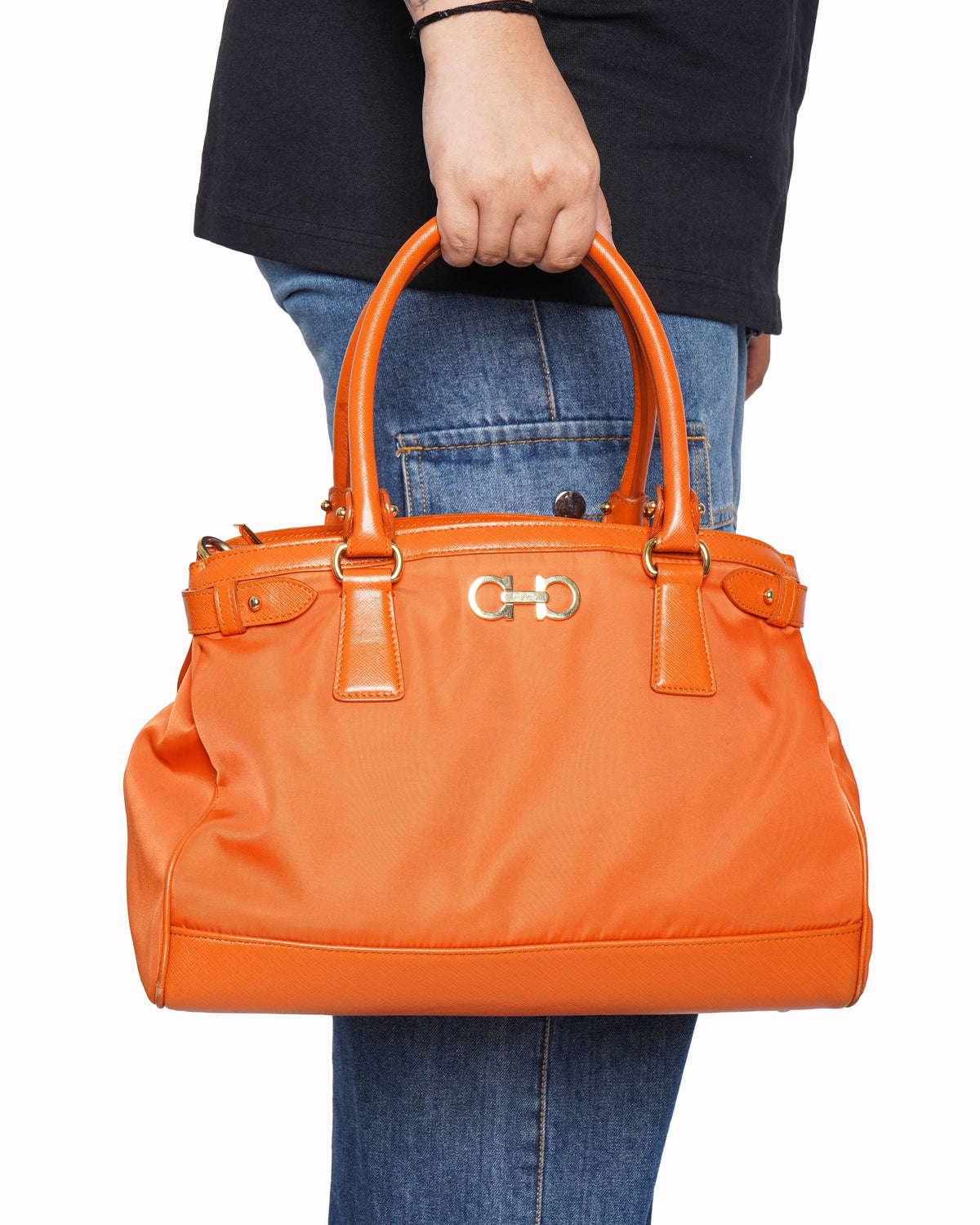 Salvatore Ferragamo orange nylon leather gancini tote bag