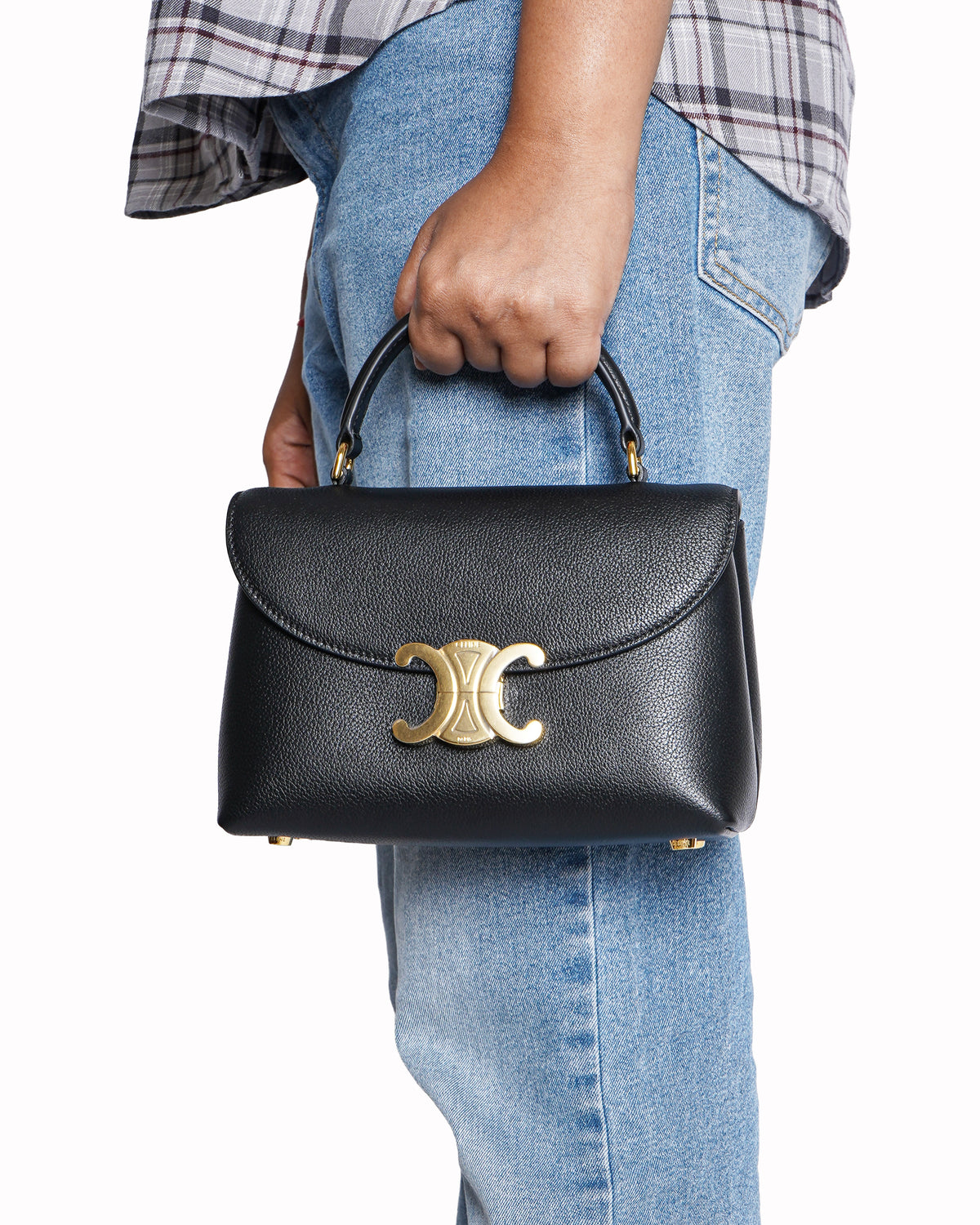 Celine Black Triomphe Grained Calfskin Top Handle Bag