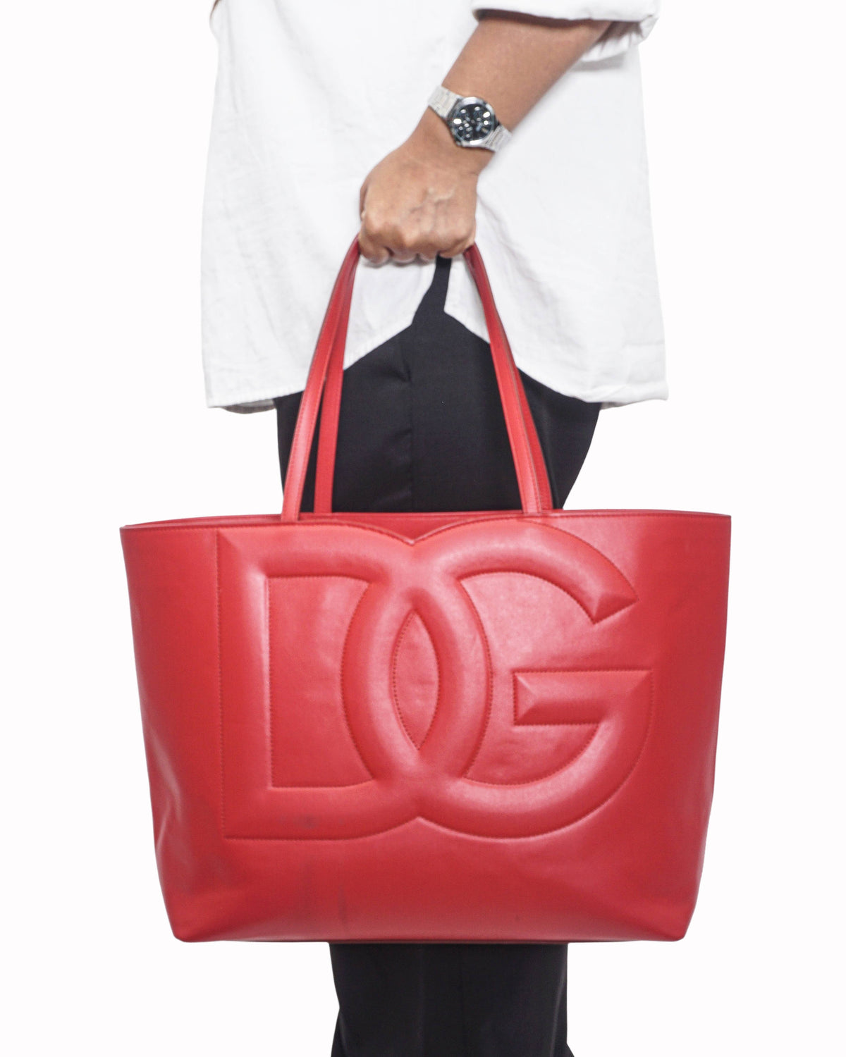 Dolce & Gabbana Red Smooth Leather DG Logo Tote Bag
