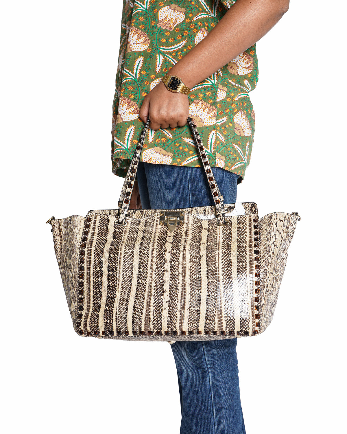 Valentino Rockstud Python Leather Satchel Multicolour