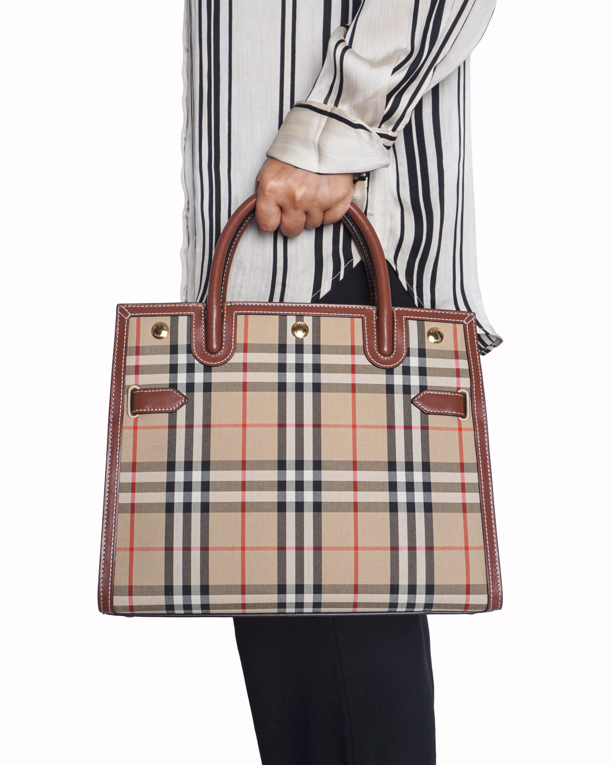 Burberry Vintage Check Canvas & Brown Leather Small Title Tote