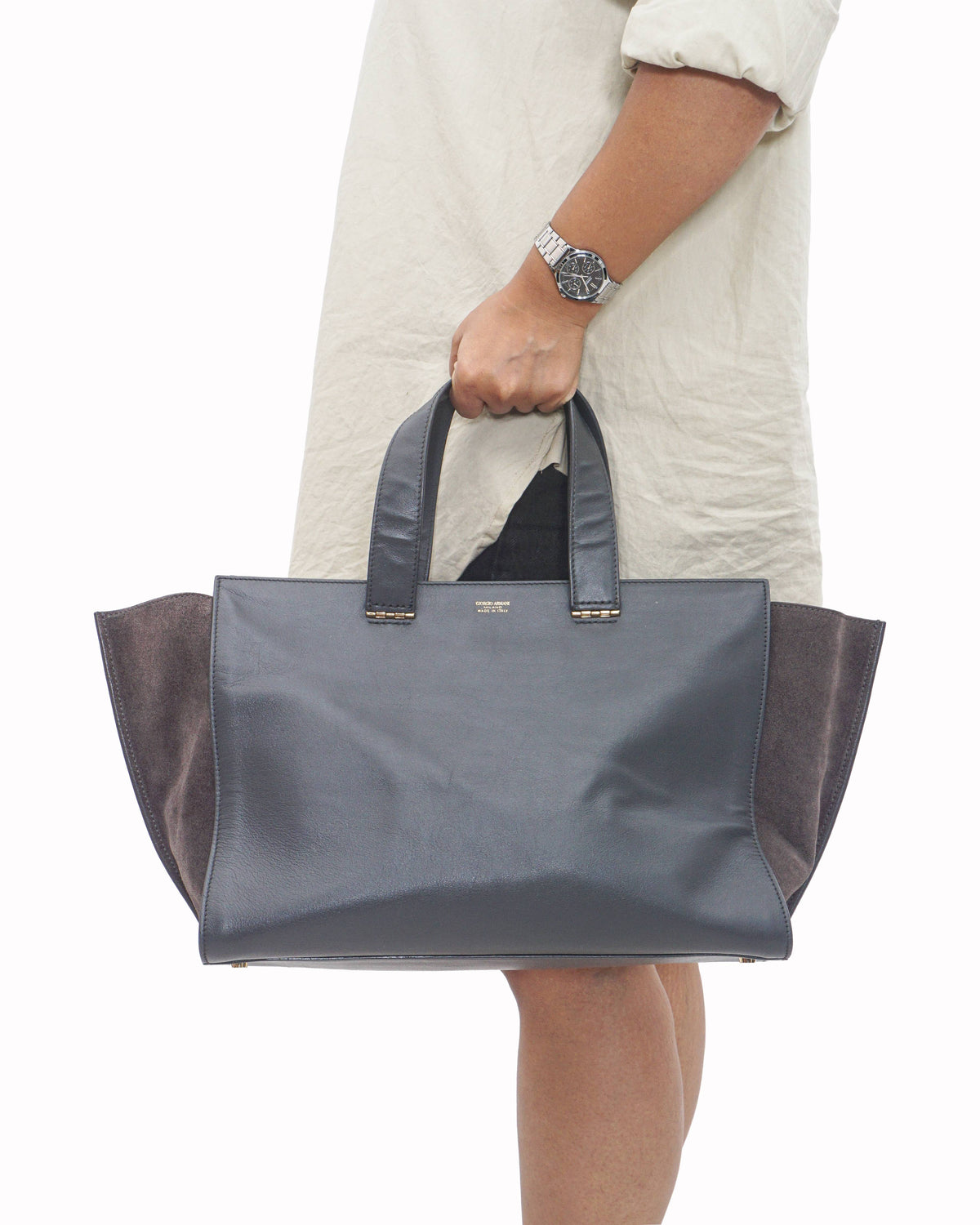 Giorgio Armani Grey Smooth Leather & Suede Shopper Tote Bag