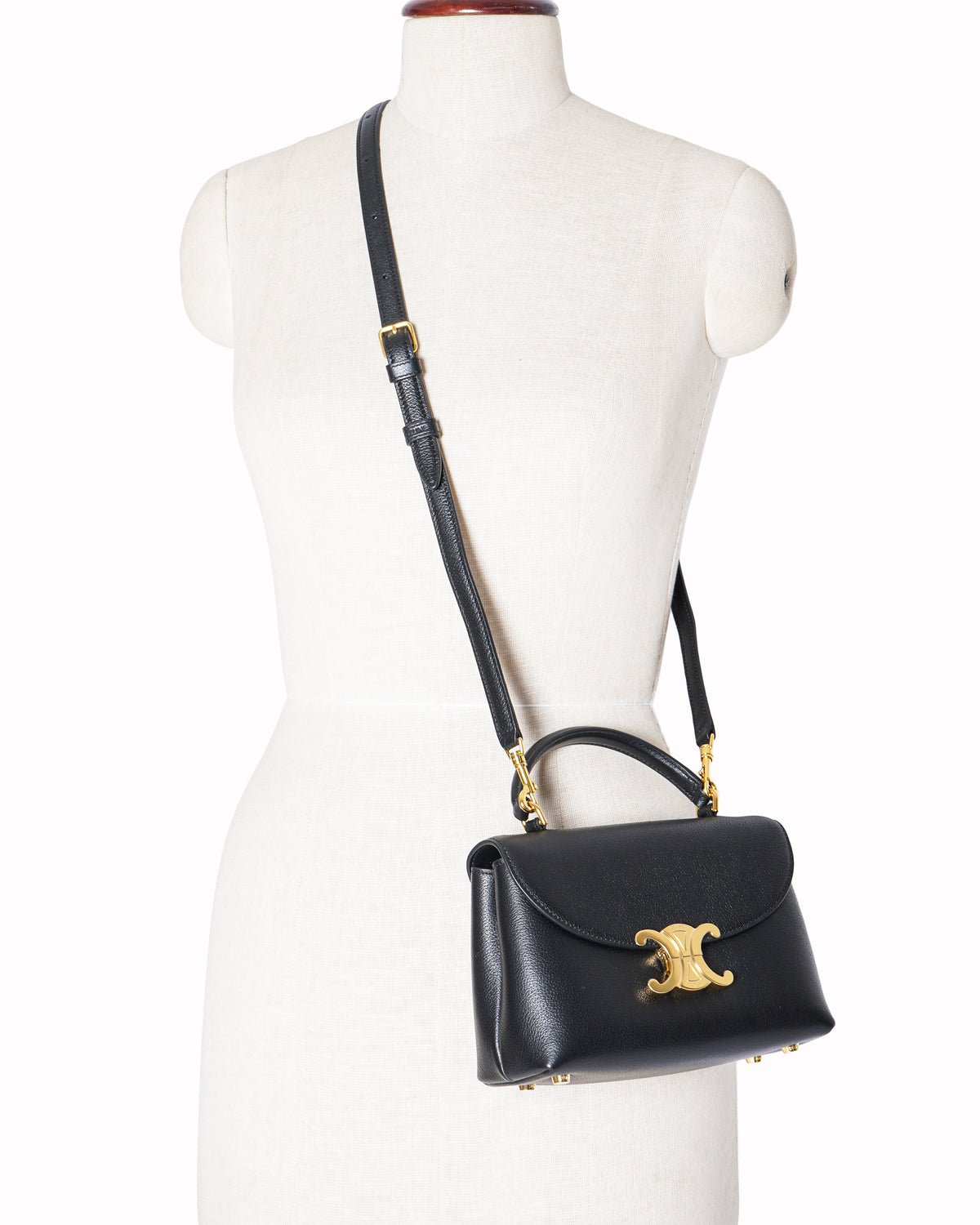 Celine Black Triomphe Grained Calfskin Top Handle Bag