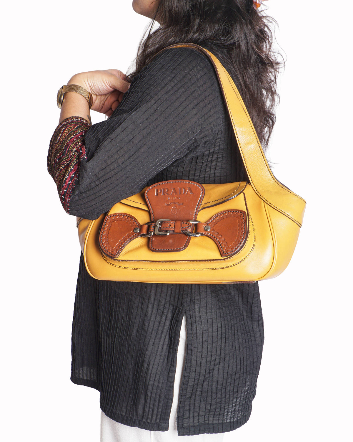 Prada Mustard Yellow Vitello Leather Buckle Shoulder Bag