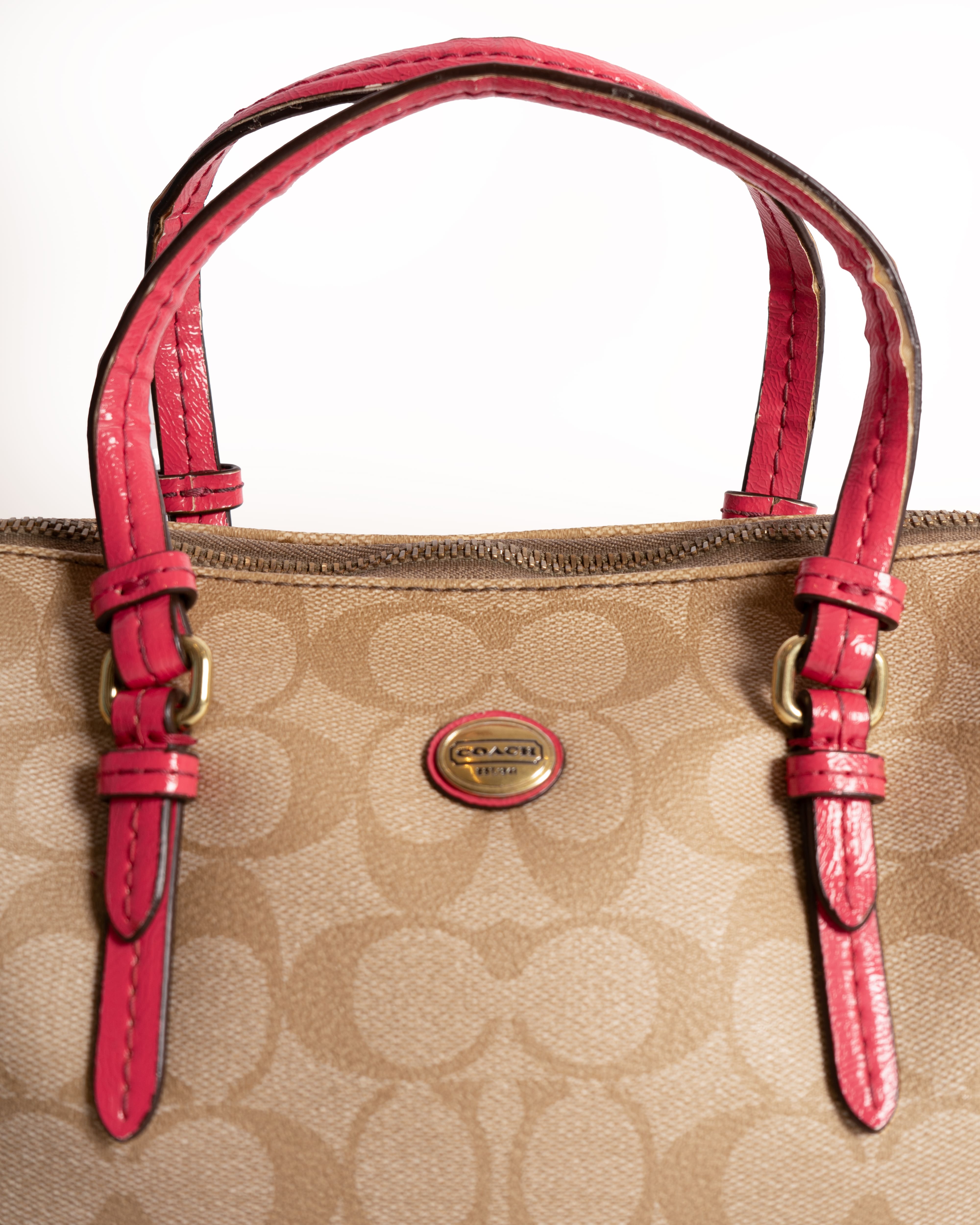 Coach Signature Canvas Handbag with Pink Leather Trim