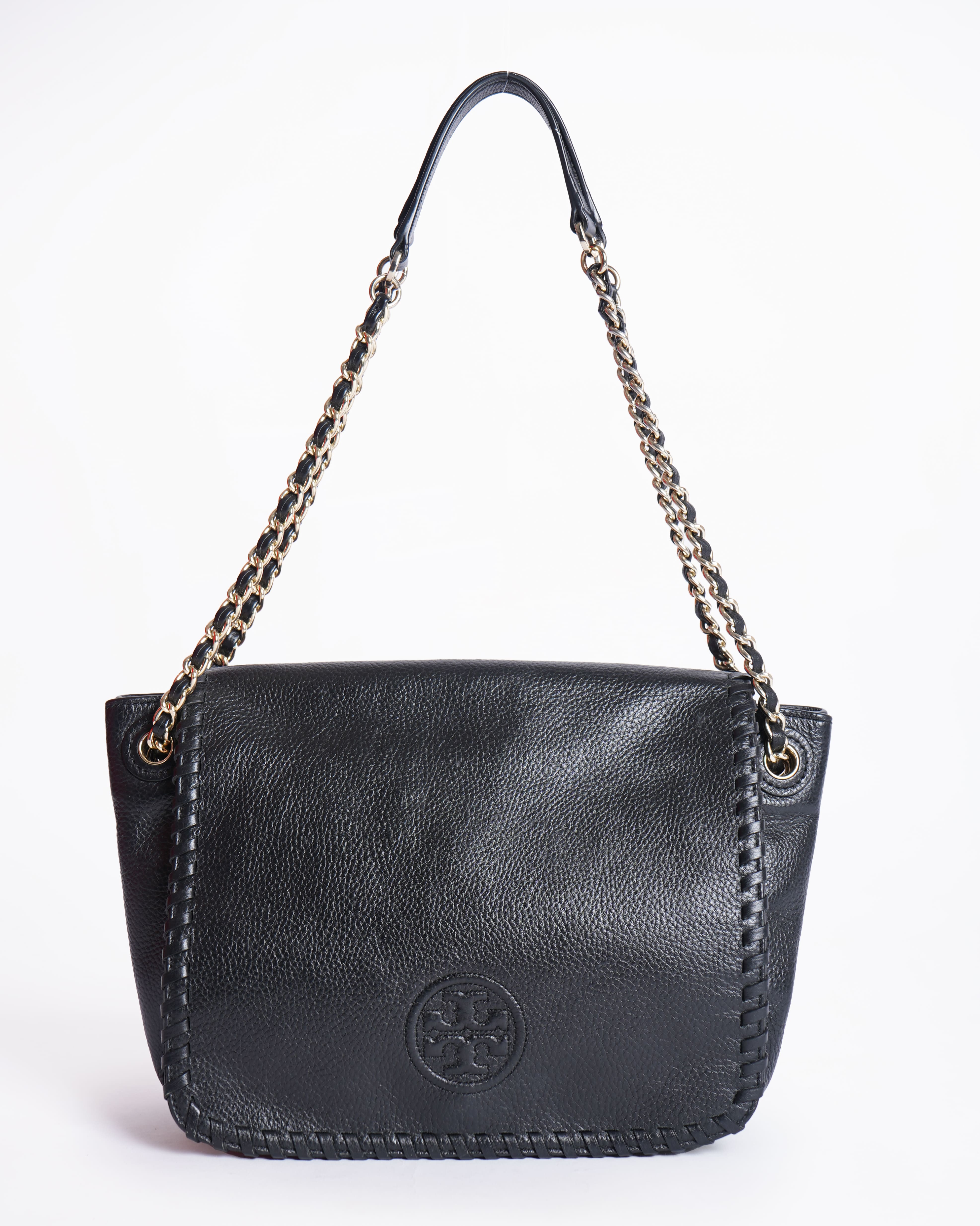 Tory Burch Logo Leather Shoulder Bag In Black