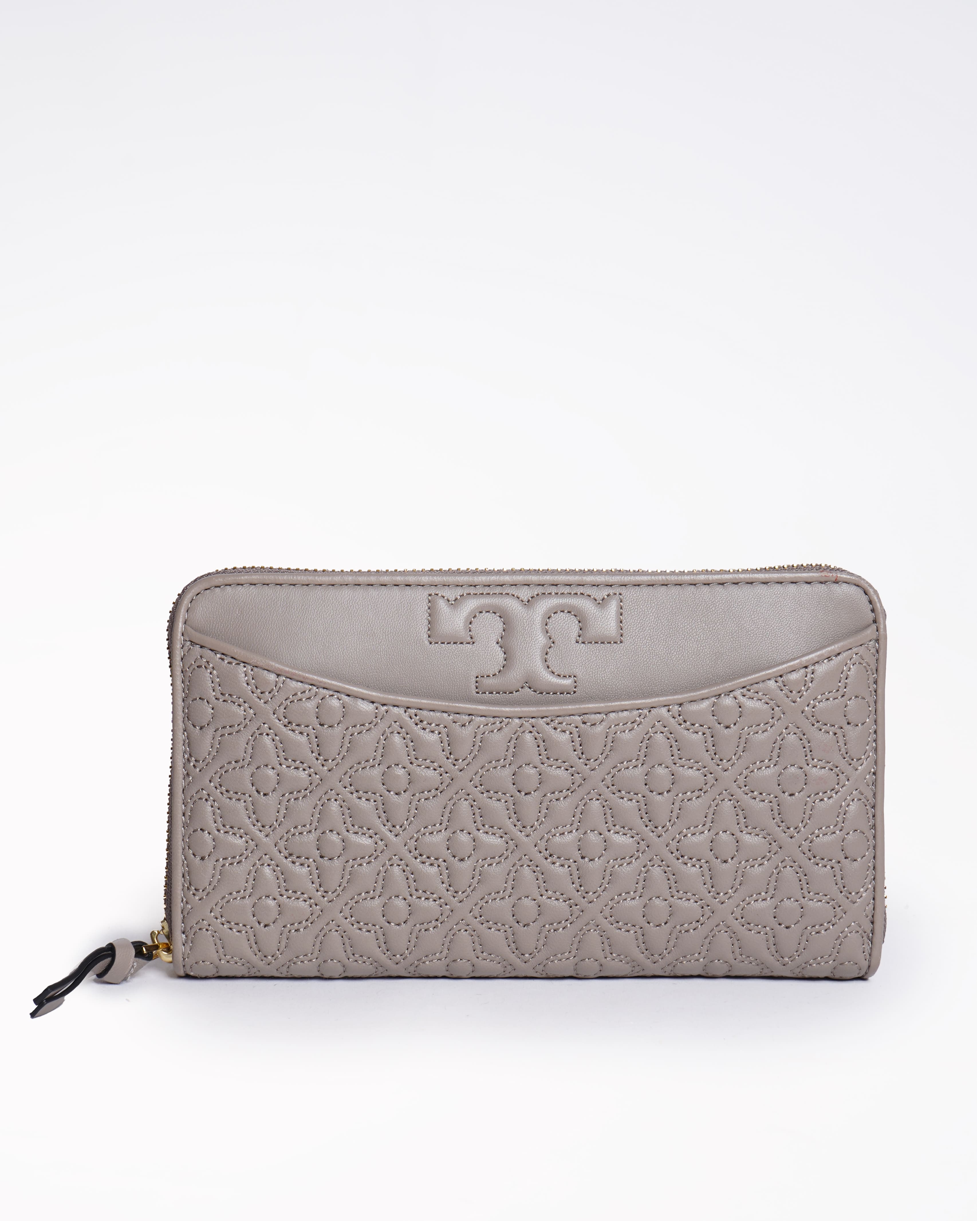 Tory burch bryant zip leather wallet in grey